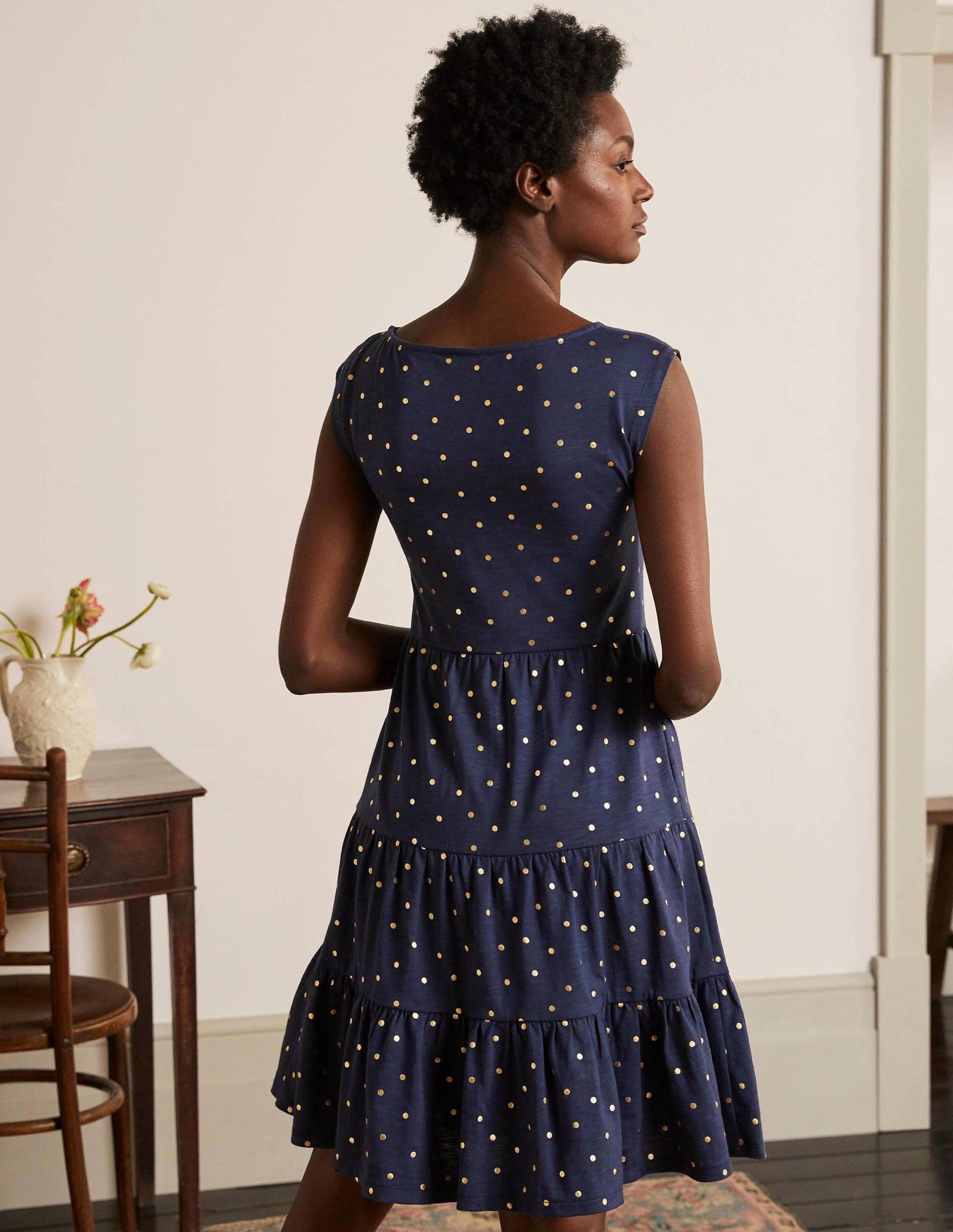 Romaine Tiered Jersey Dress-Navy and Gold, Polka Dot-3
