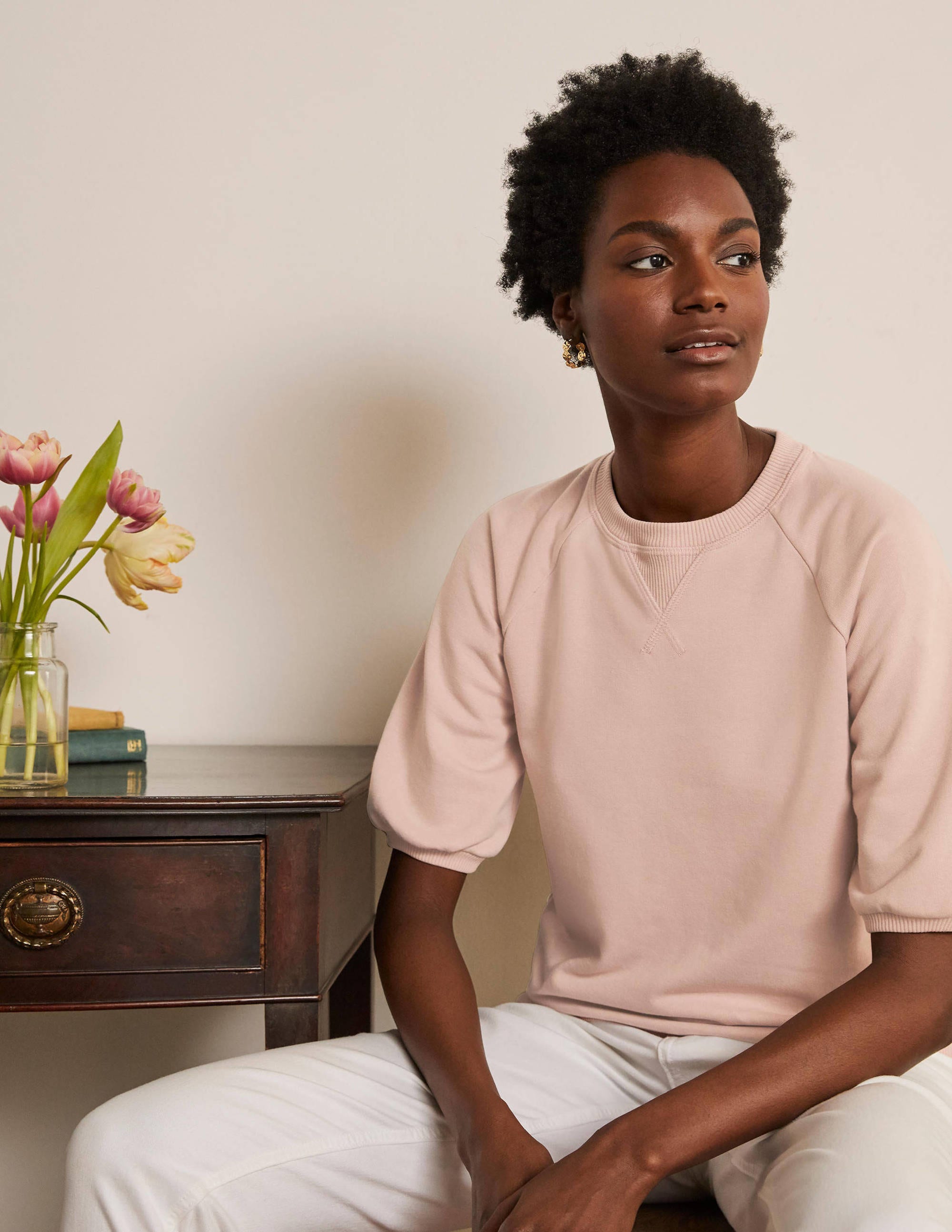 Short Puff Sleeve Sweatshirt-Milkshake - Image 1