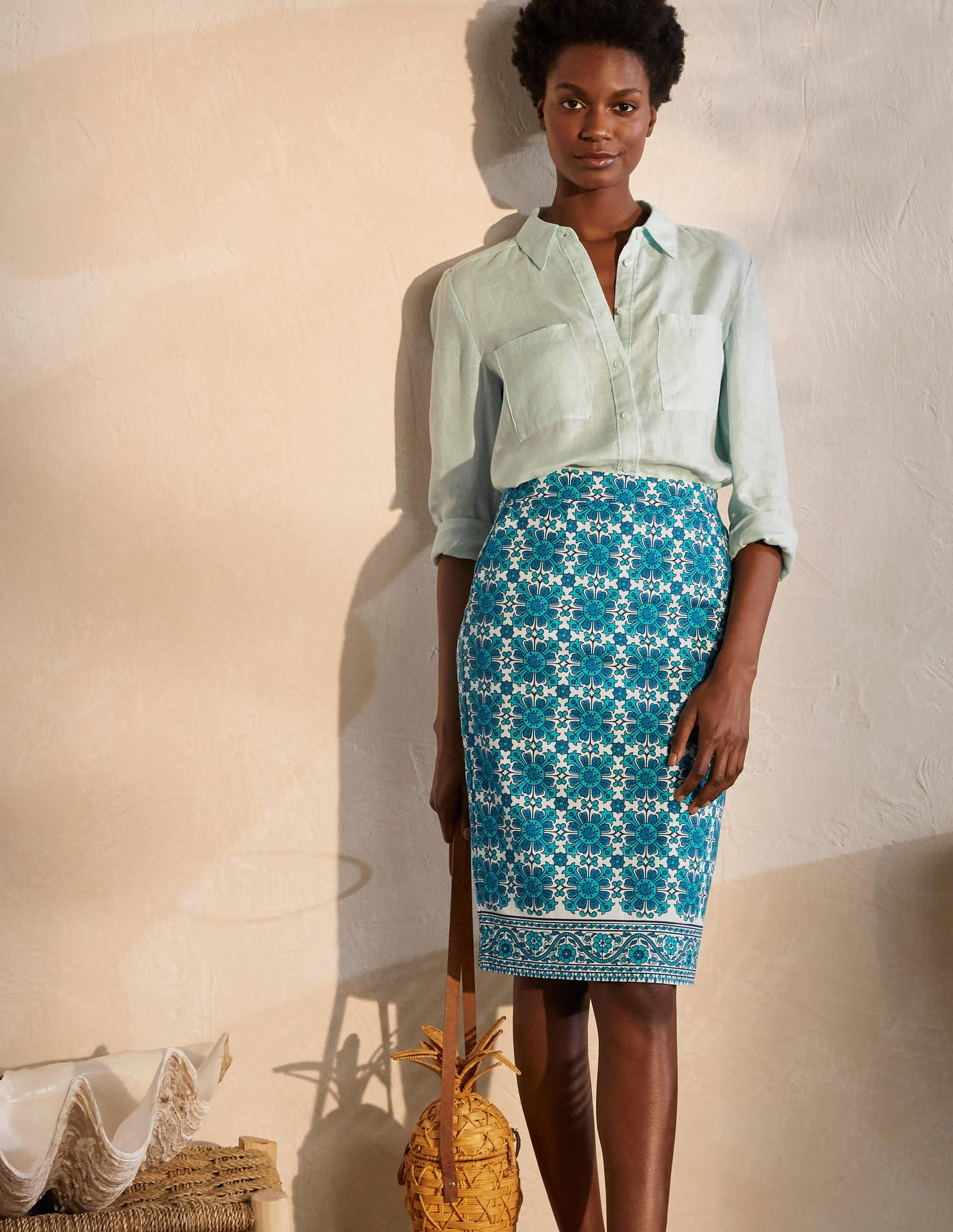 Gabriella Pencil Skirt-Ivory and Indian Ocean - Image 5