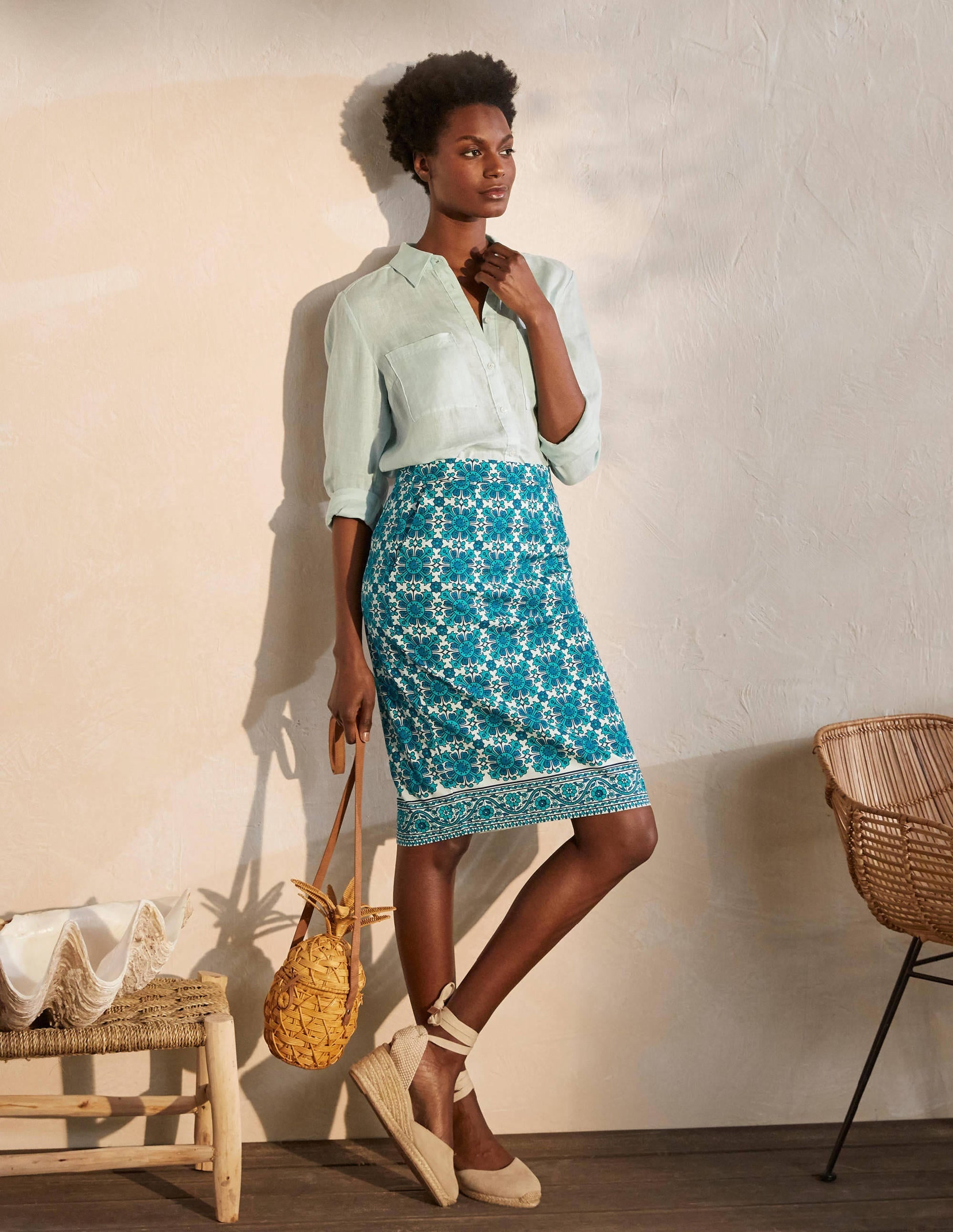 Gabriella Pencil Skirt-Ivory and Indian Ocean - Image 4
