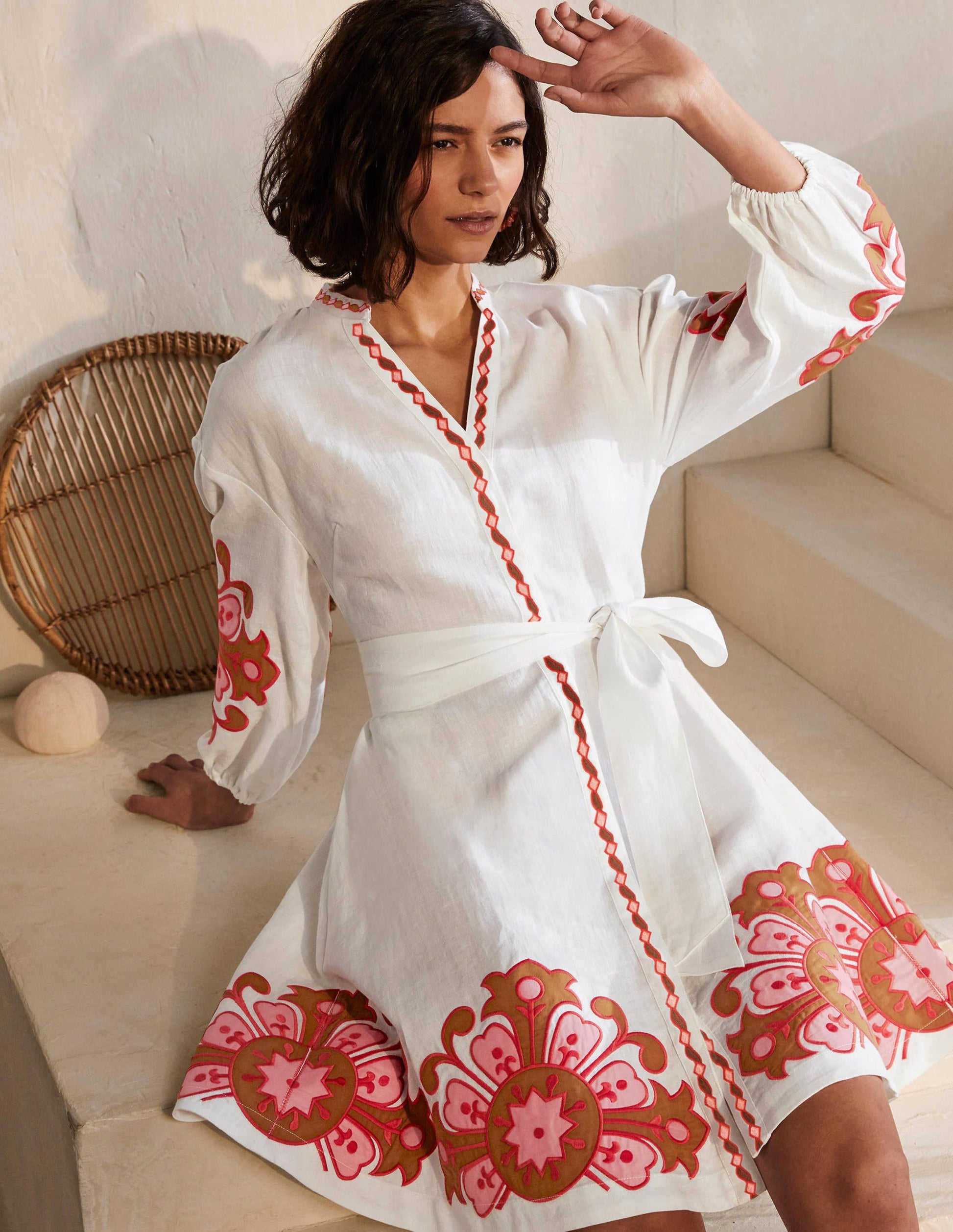 Amber Embroidered Linen Dress-White-4