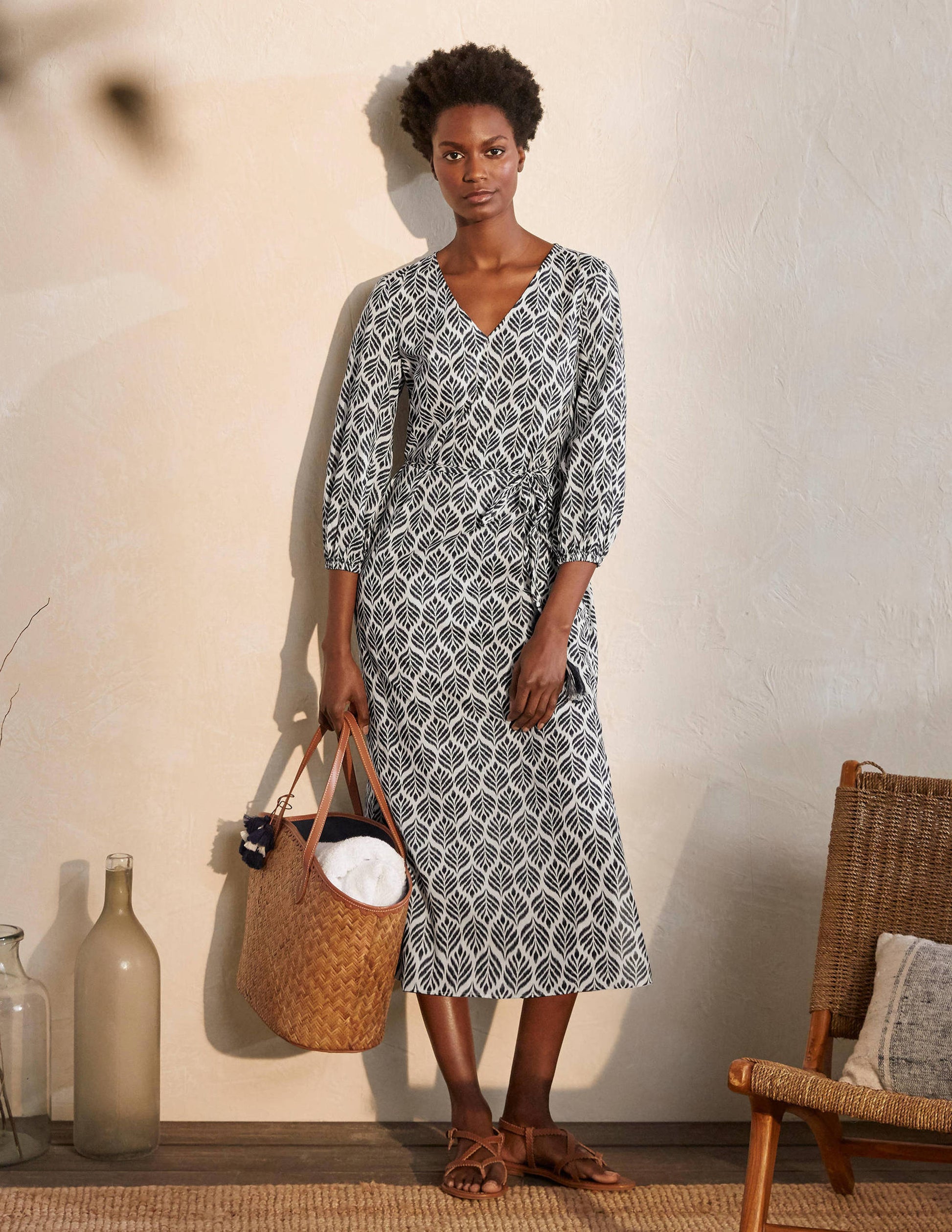 Daria Cotton Midi Dress-Ivory, Palm Tile-4