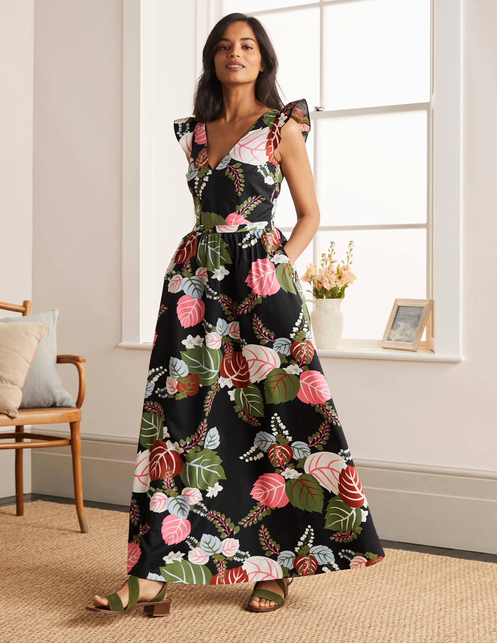 Andrea Frill Sleeve Maxi Dress-Black, Holiday Tropic - Image 1