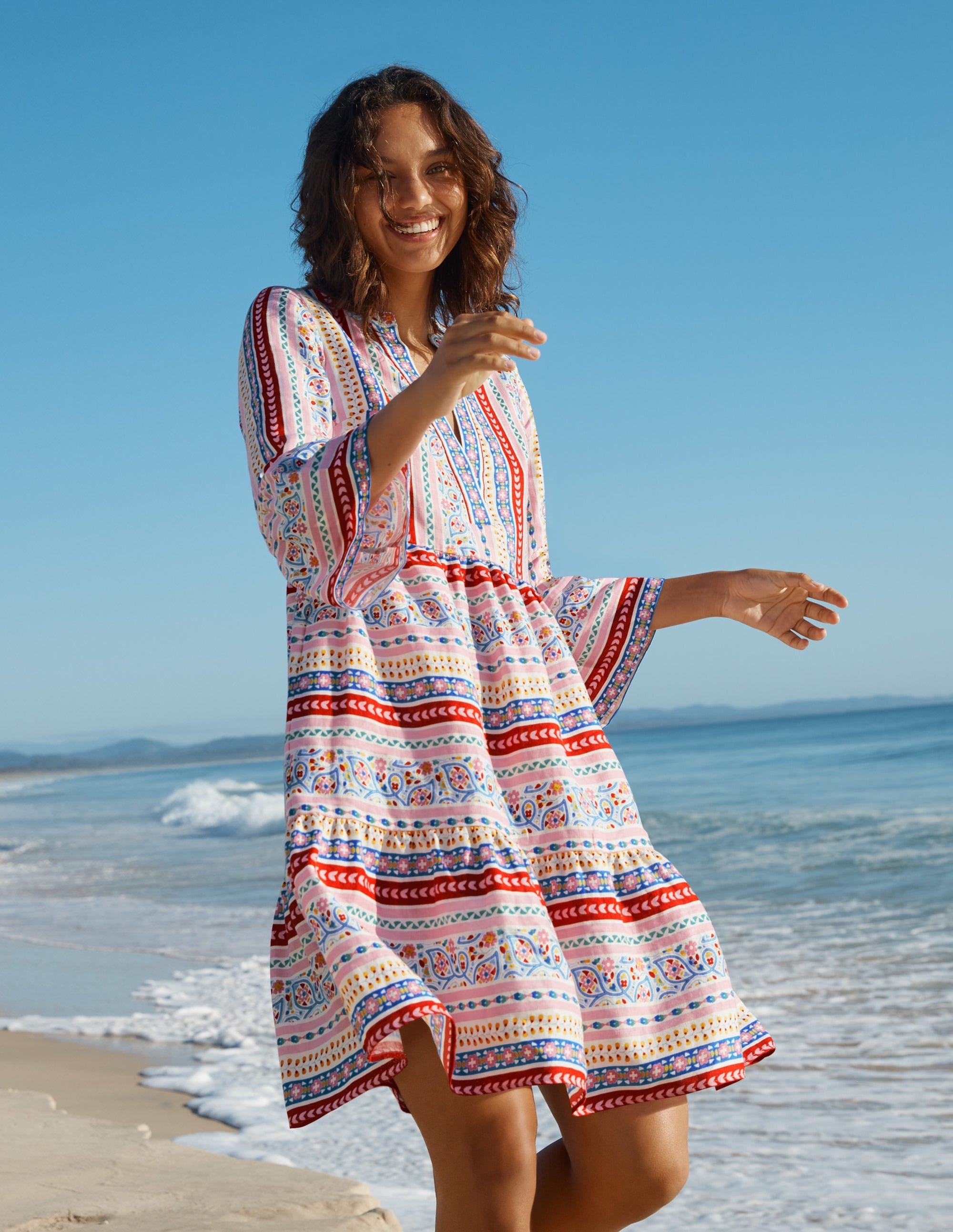 Relaxed Linen Tiered Dress-Ivory, Exotic Border - Image 3