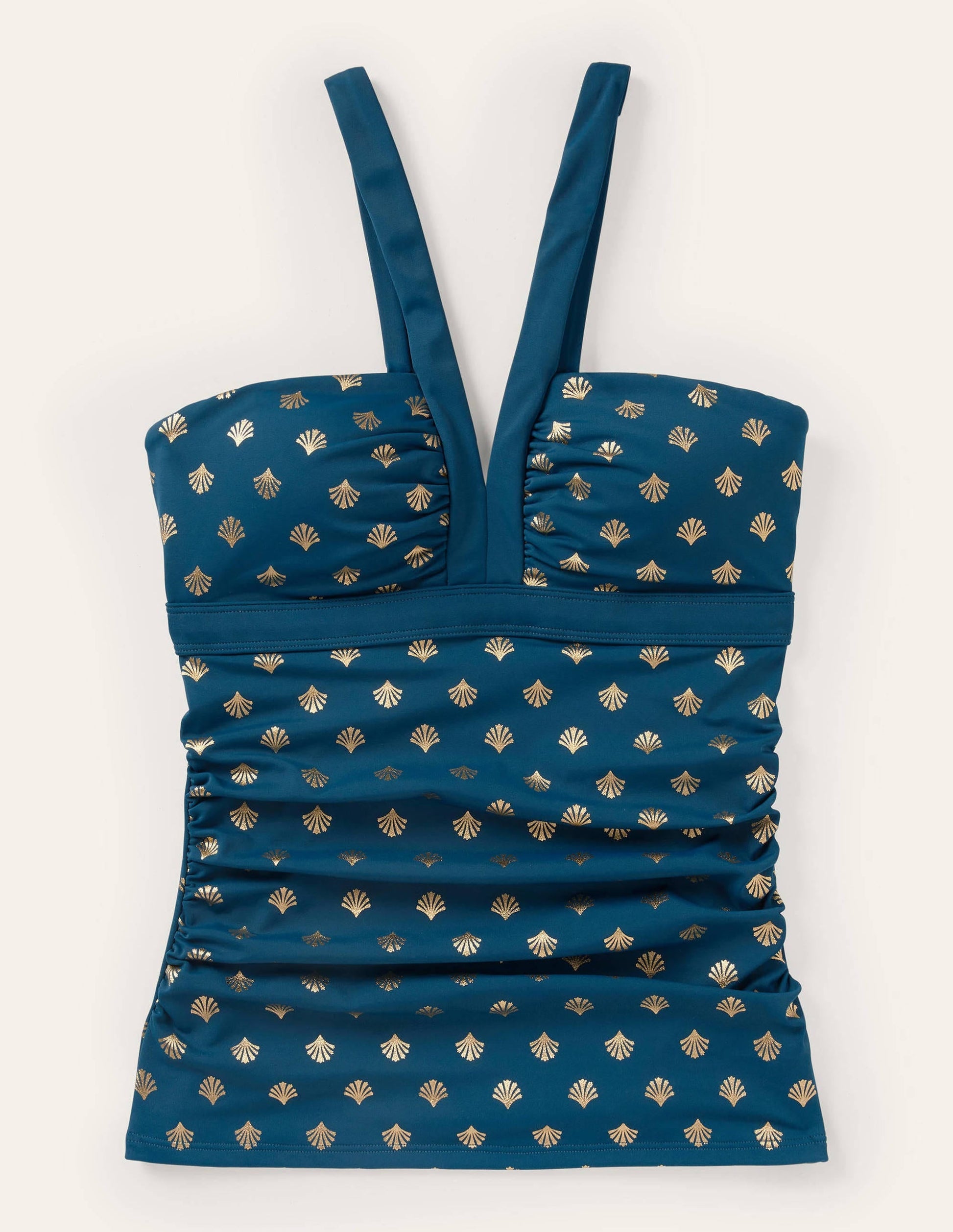 Corsica V-neck Tankini Top-Rich Teal and Gold, Coral Tile-5