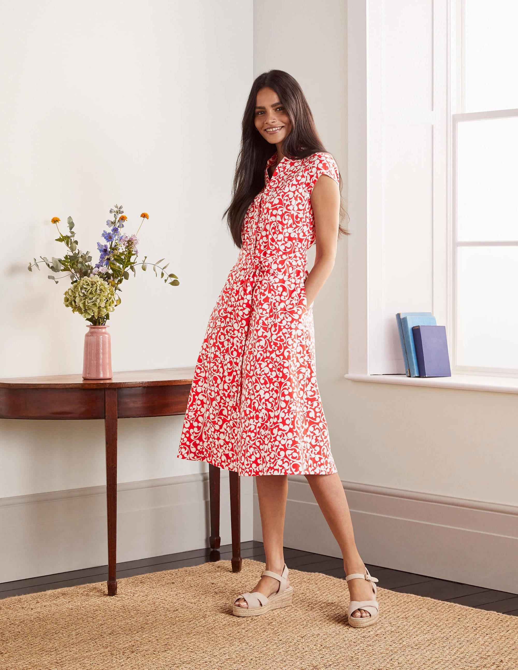Short Sleeve Shirt Dress-Cherry red, Vine swirl - Image 1