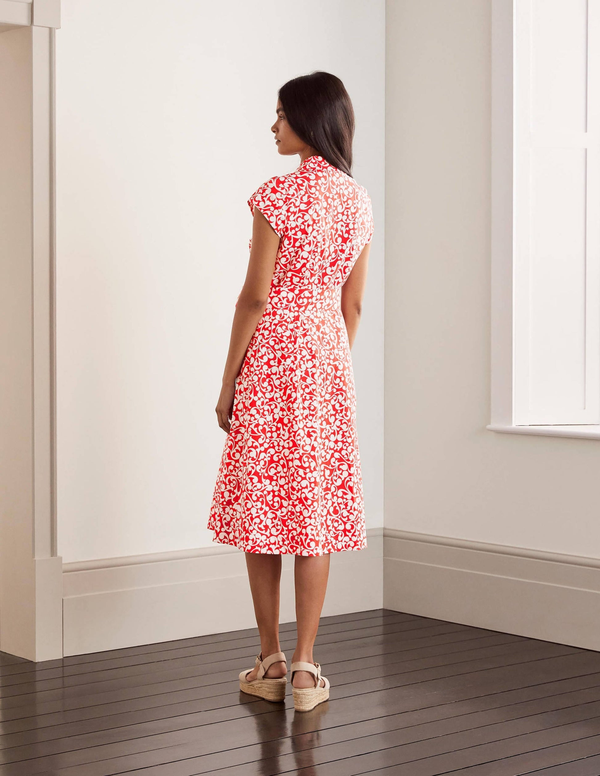 Short Sleeve Shirt Dress-Cherry red, Vine swirl-2