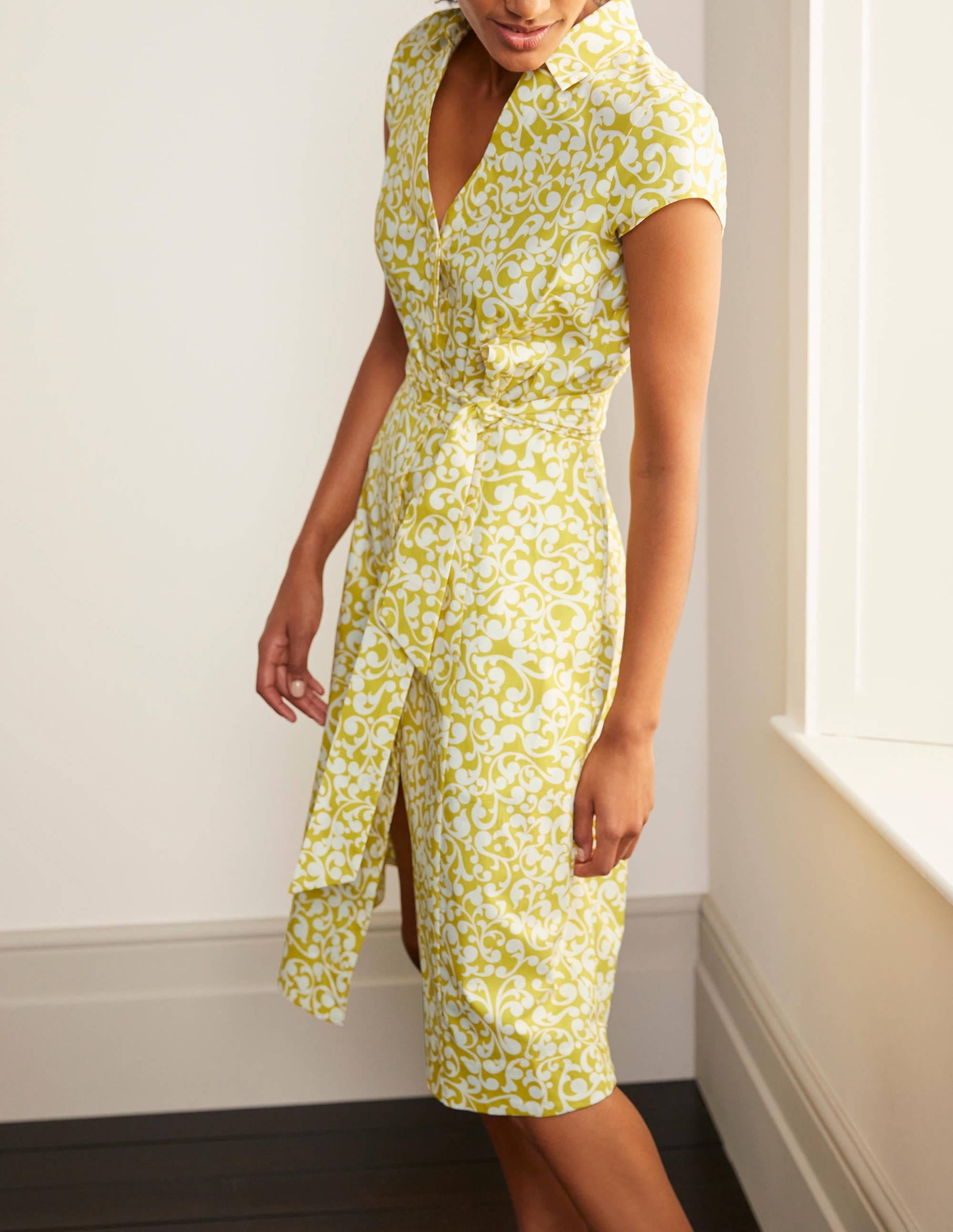 Short Sleeve Shirt Dress-Chartreuse, Vine Swirl - Image 1