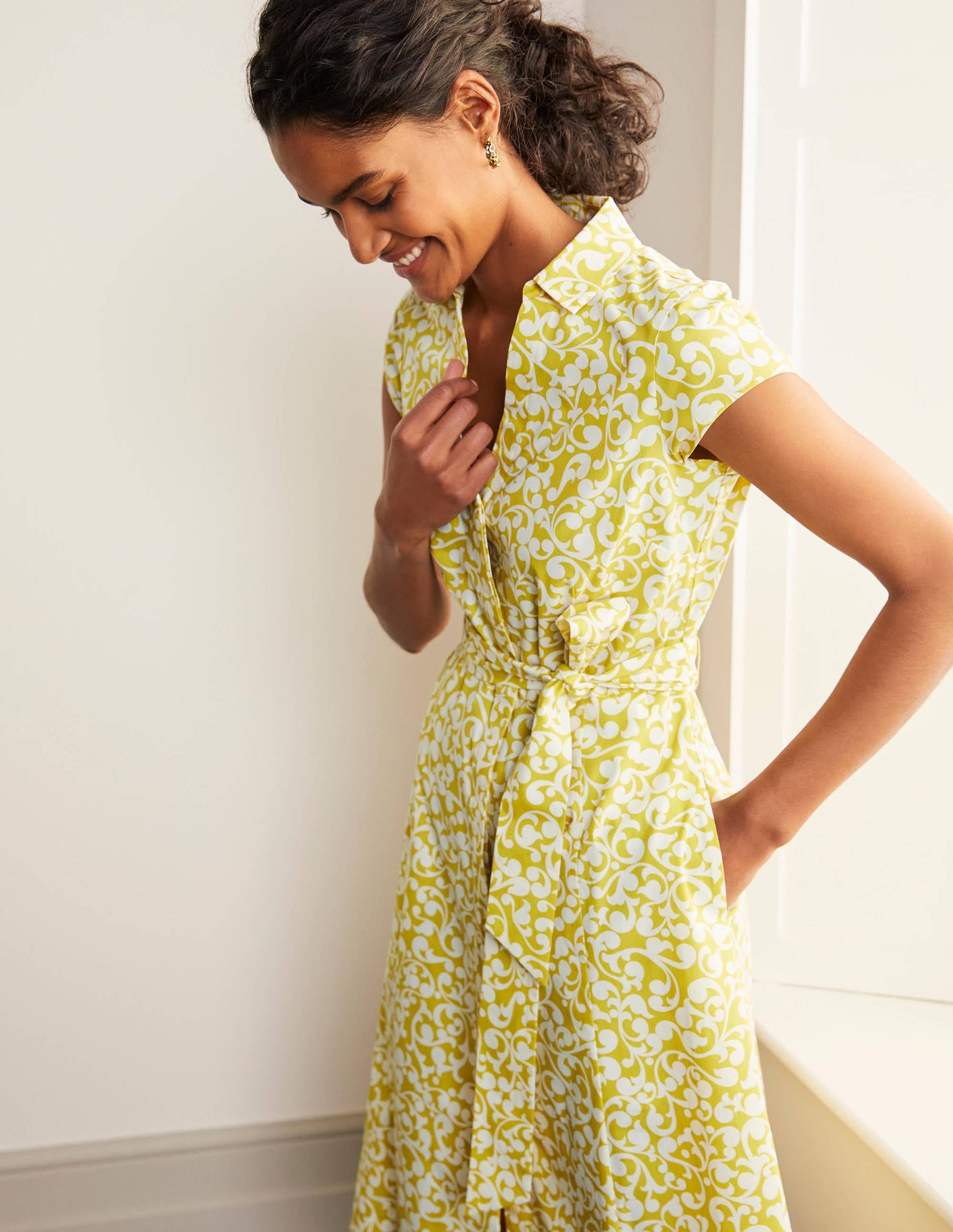 Short Sleeve Shirt Dress-Chartreuse, Vine Swirl-4