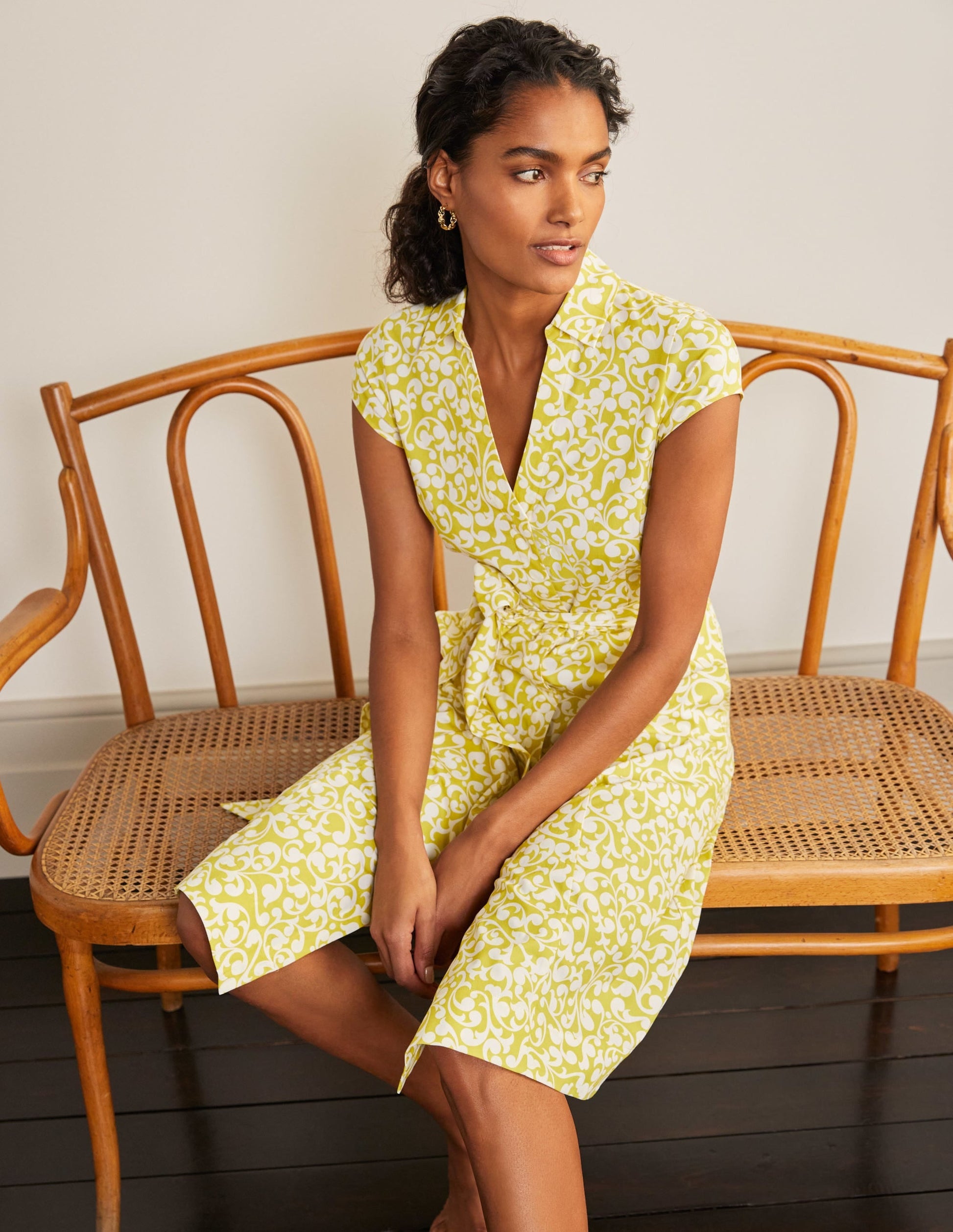 Short Sleeve Shirt Dress-Chartreuse, Vine Swirl-5
