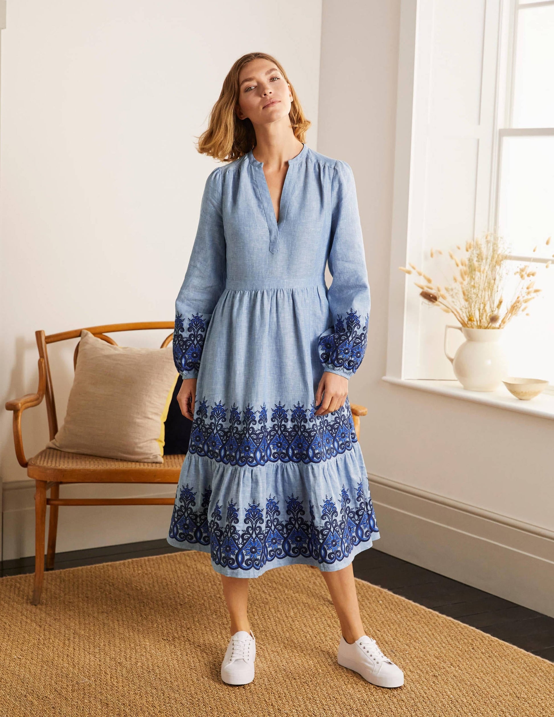 Eden Embroidered Linen Dress-Grey Blue Chambray-1