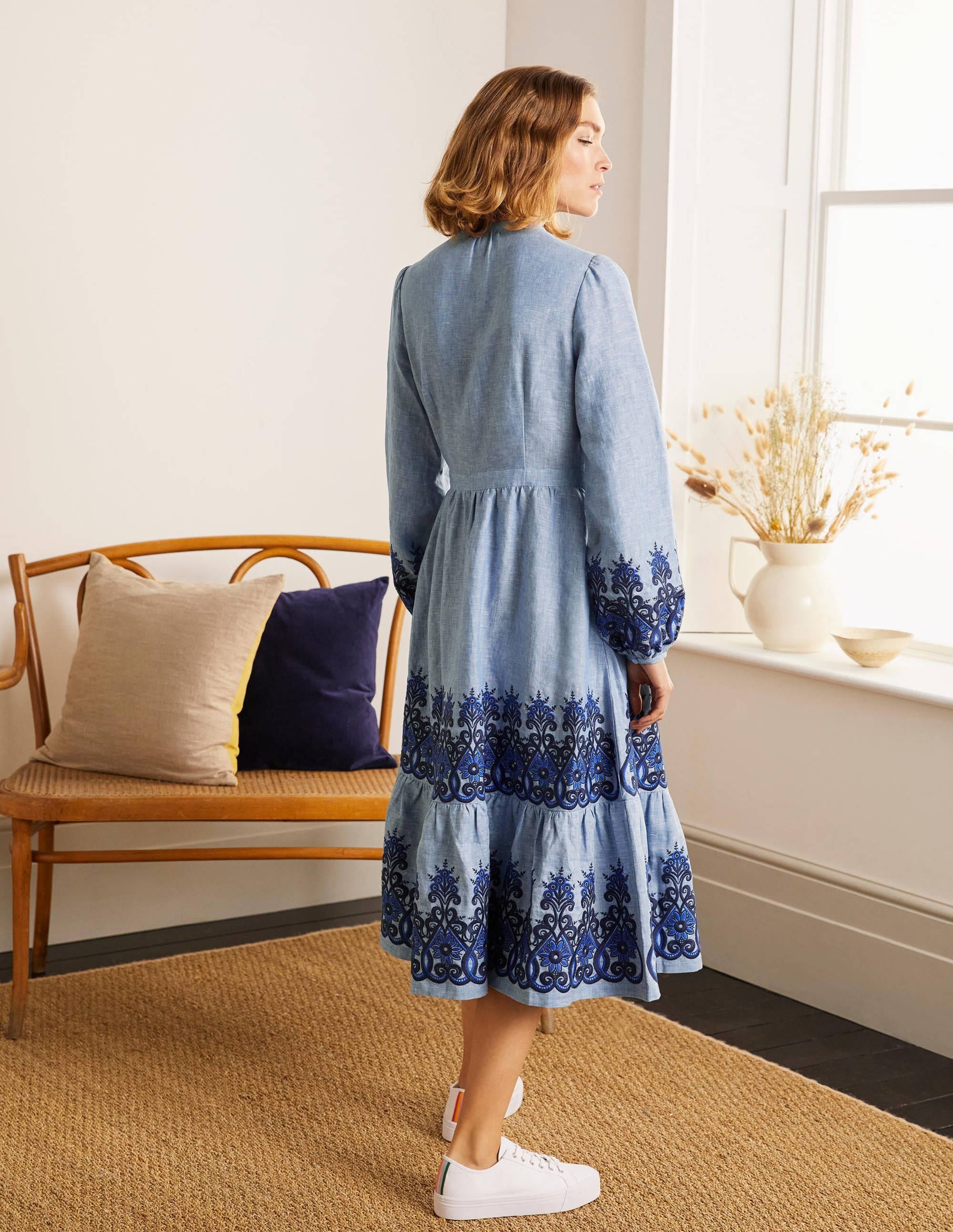 Eden Embroidered Linen Dress-Grey Blue Chambray - Image 3