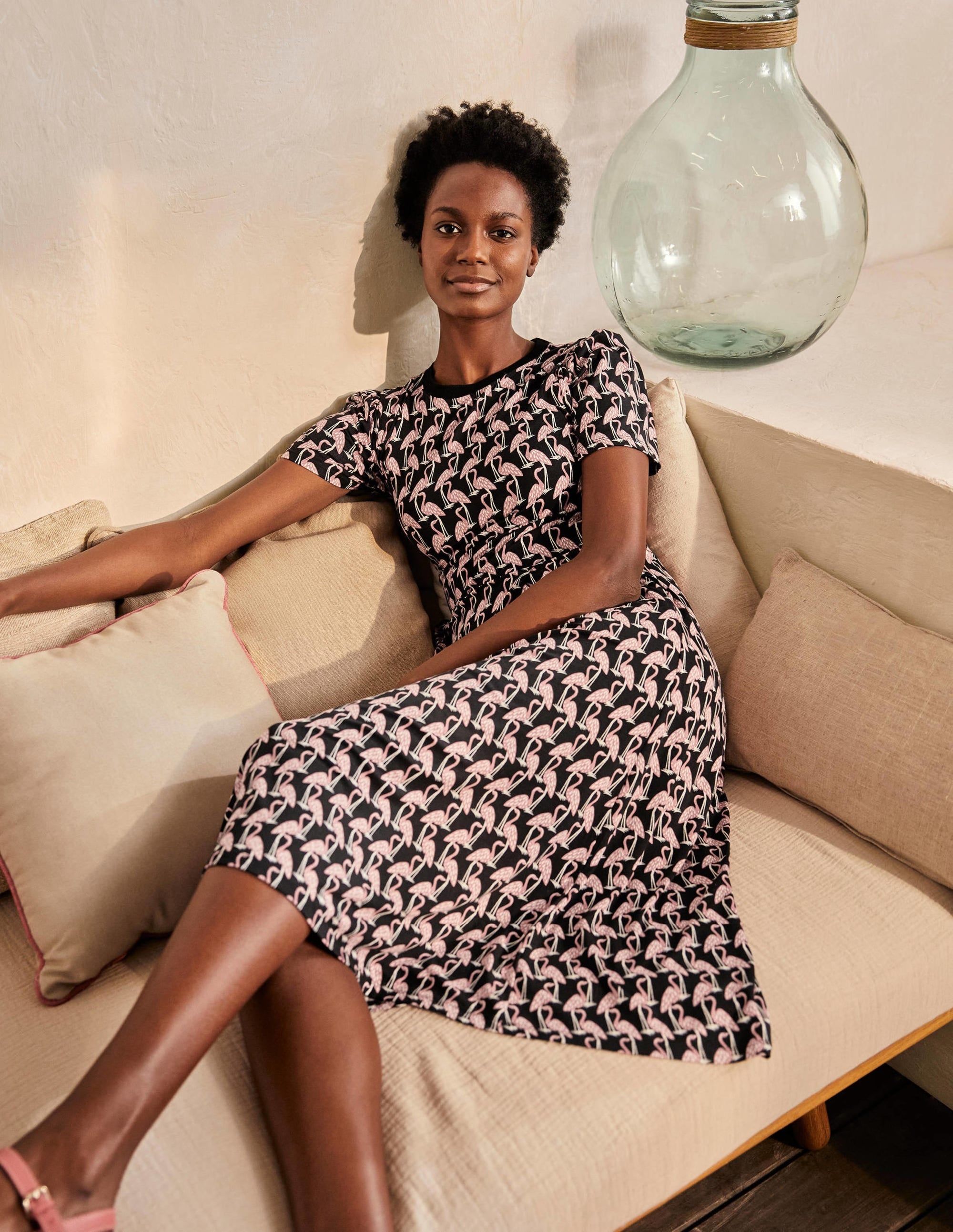 Lucinda Jersey Midi Dress-Black, Tropical Flamingo - Image 1