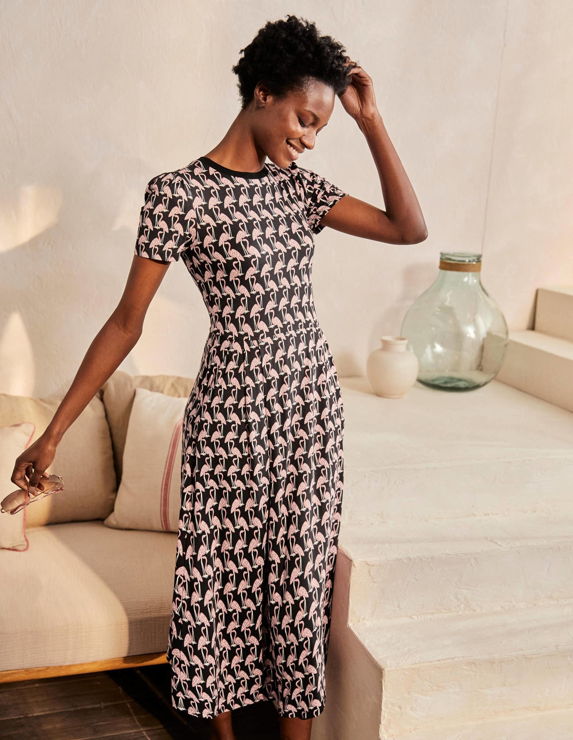 Lucinda Jersey Midi Dress-Black, Tropical Flamingo-2