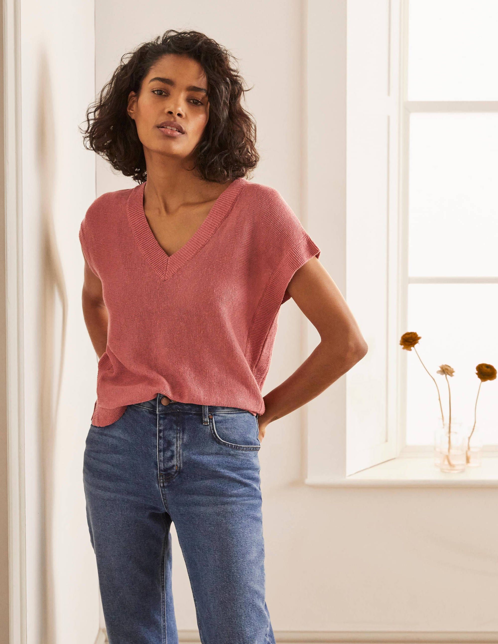Anglesey Ribbed Linen Tee-Dusty Red - Image 1