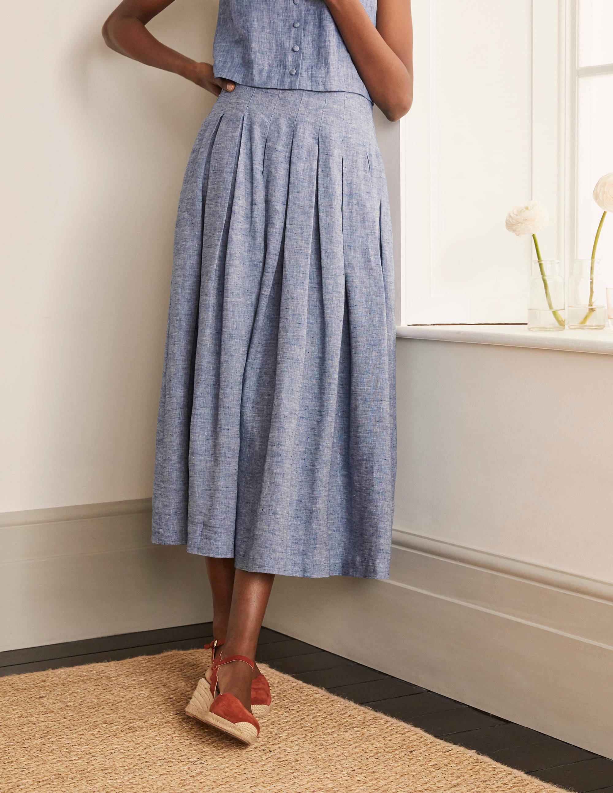 Lydia Linen Pleated Skirt-Chambray - Image 1