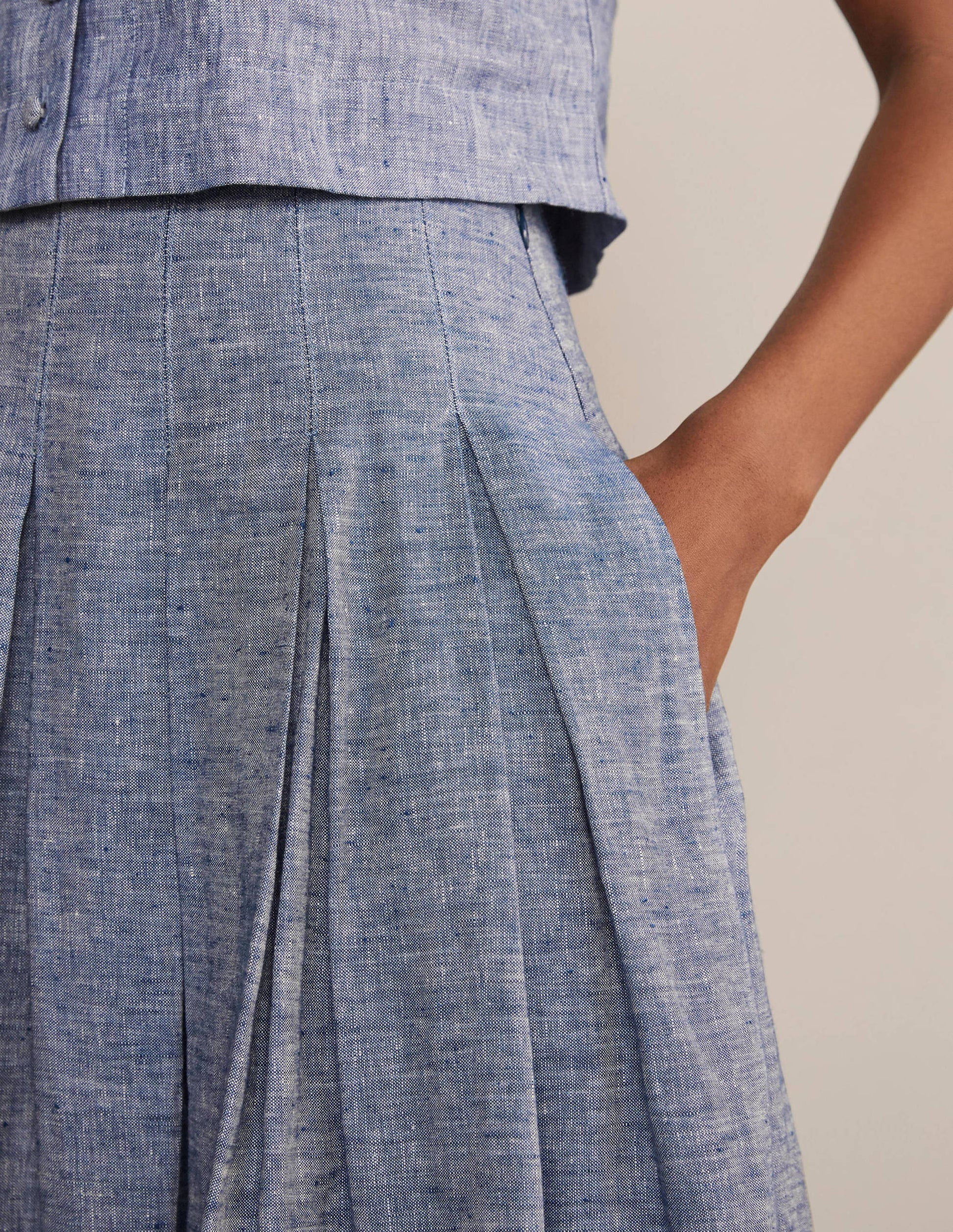 Lydia Linen Pleated Skirt-Chambray-3