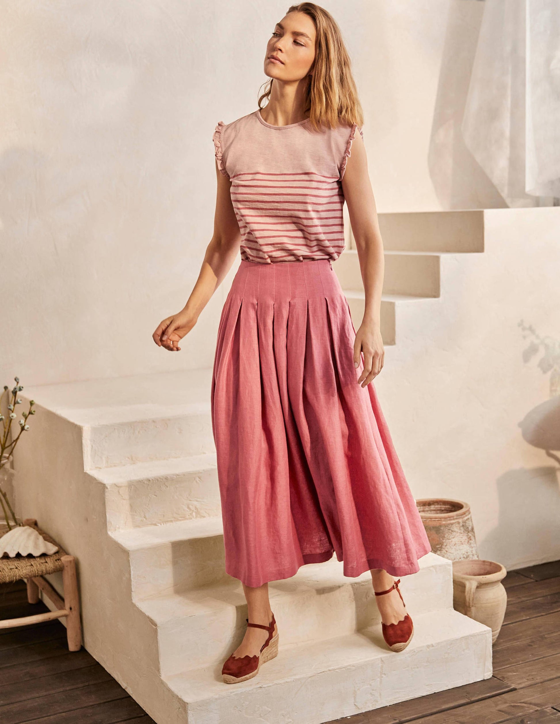 Lydia Linen Pleated Skirt-Dusty Red-4