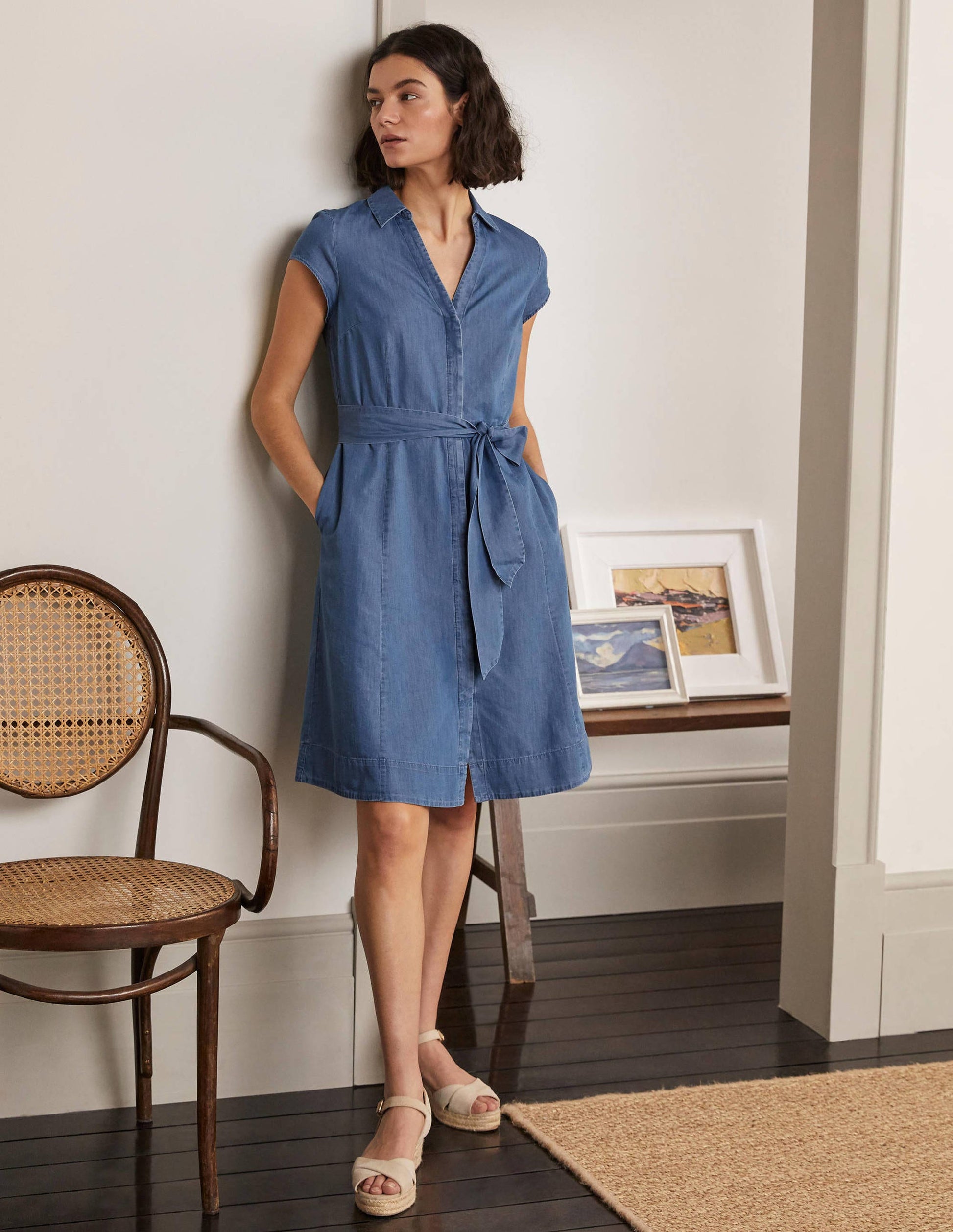 Short Sleeve Shirt Dress-Chambray-1