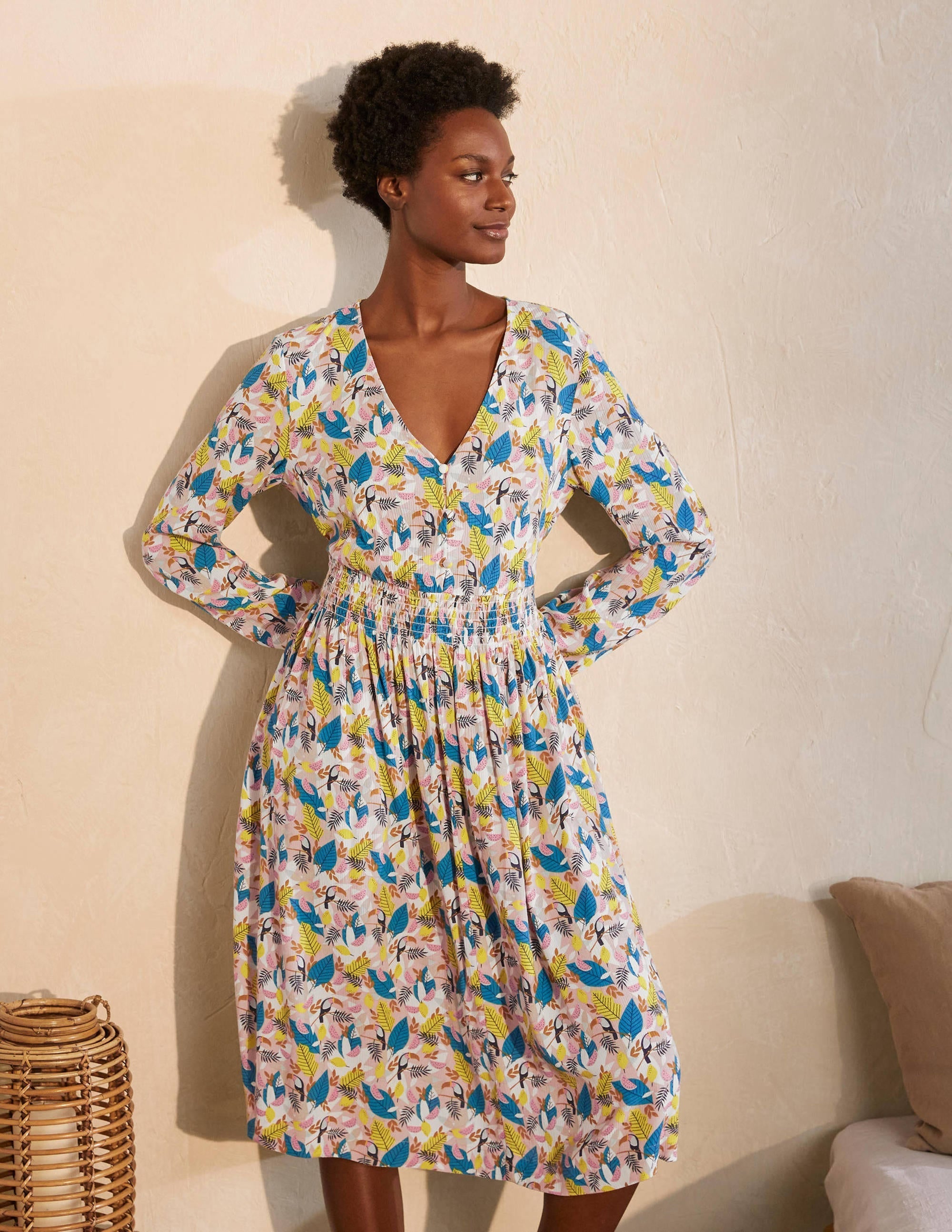 Susannah Smocked Dress-Milkshake, Treetop Toucan - Image 6