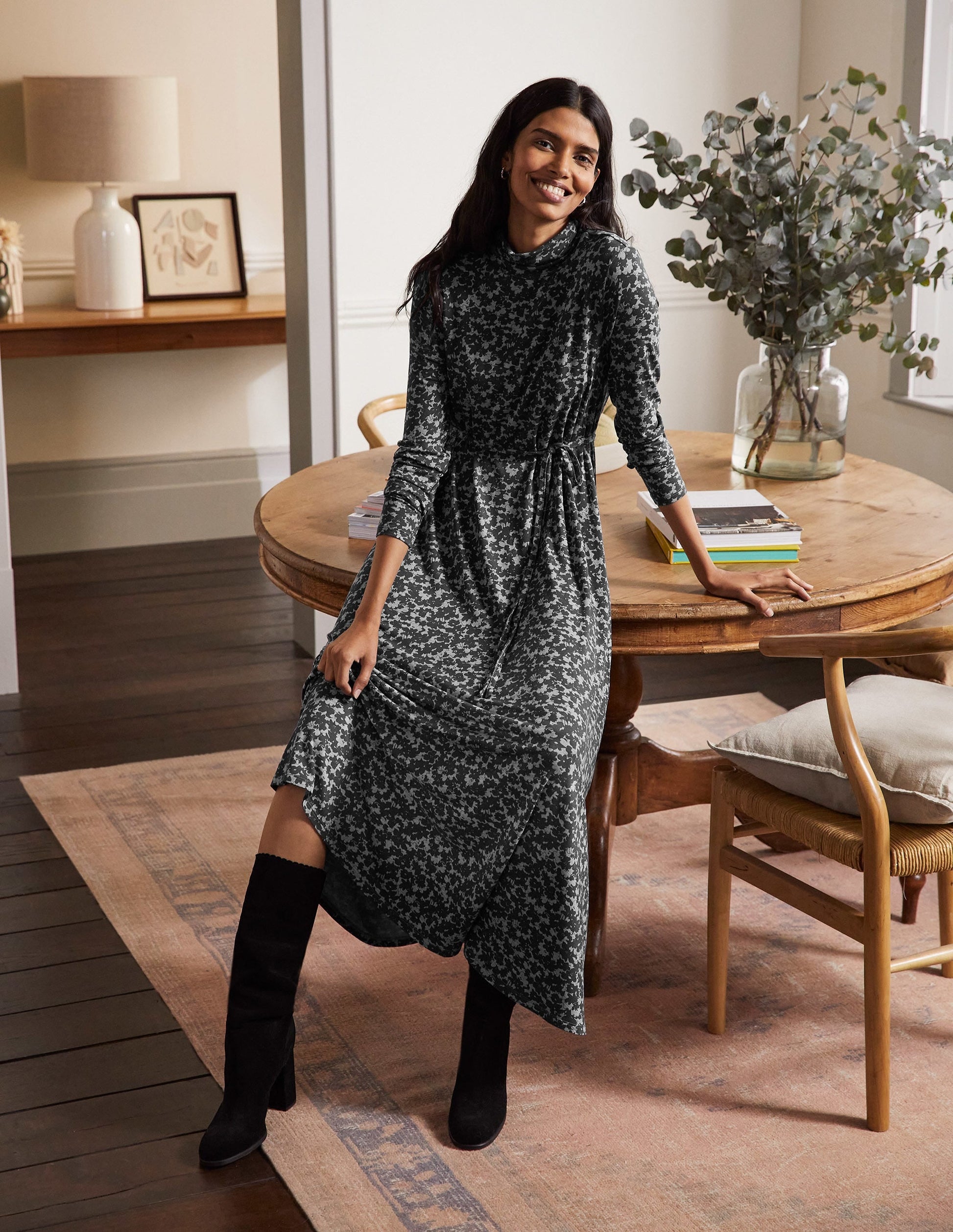 Roll Neck Jersey Midi Dress-Grey Marl, Camo Floral-1