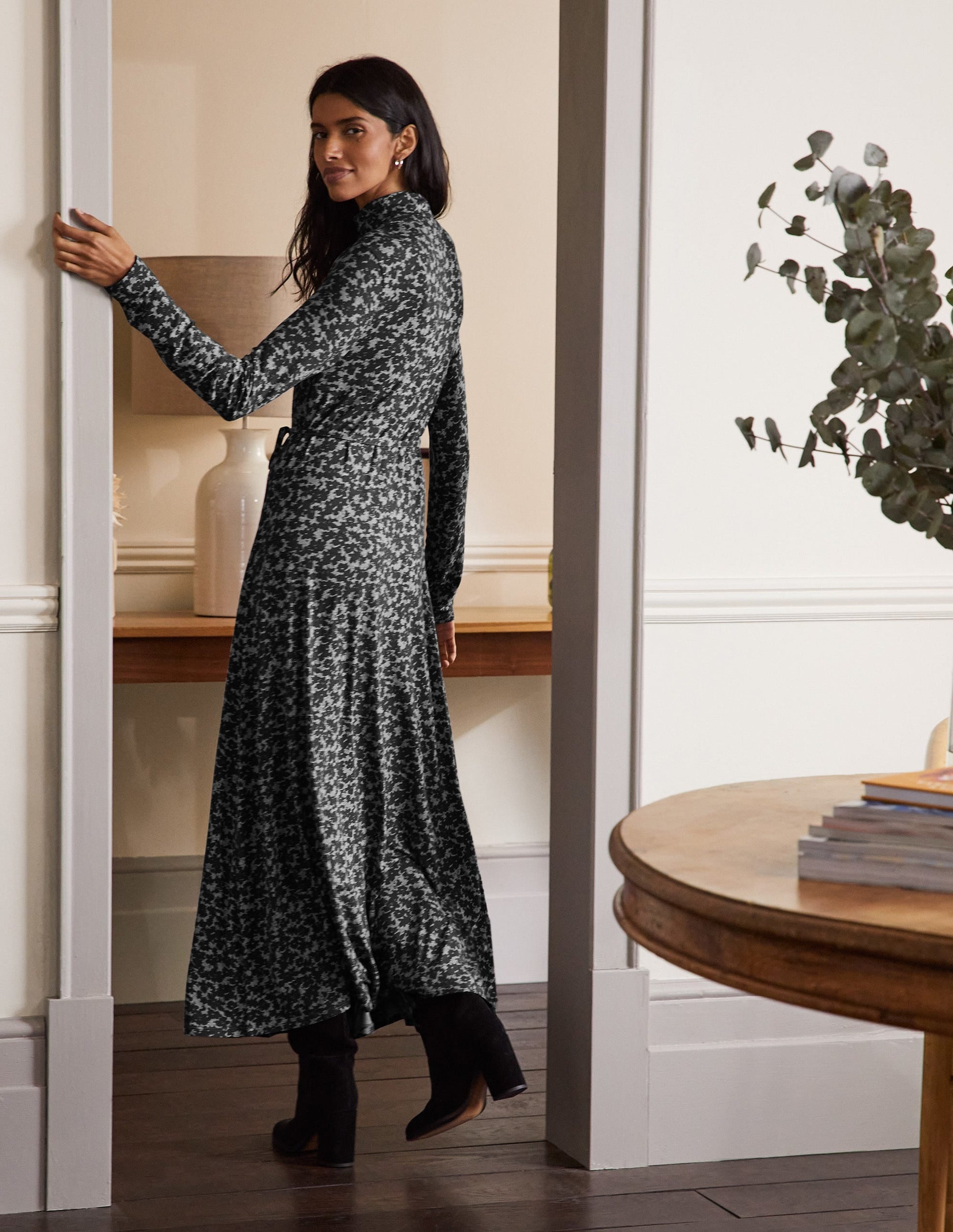 Roll Neck Jersey Midi Dress-Grey Marl, Camo Floral-3