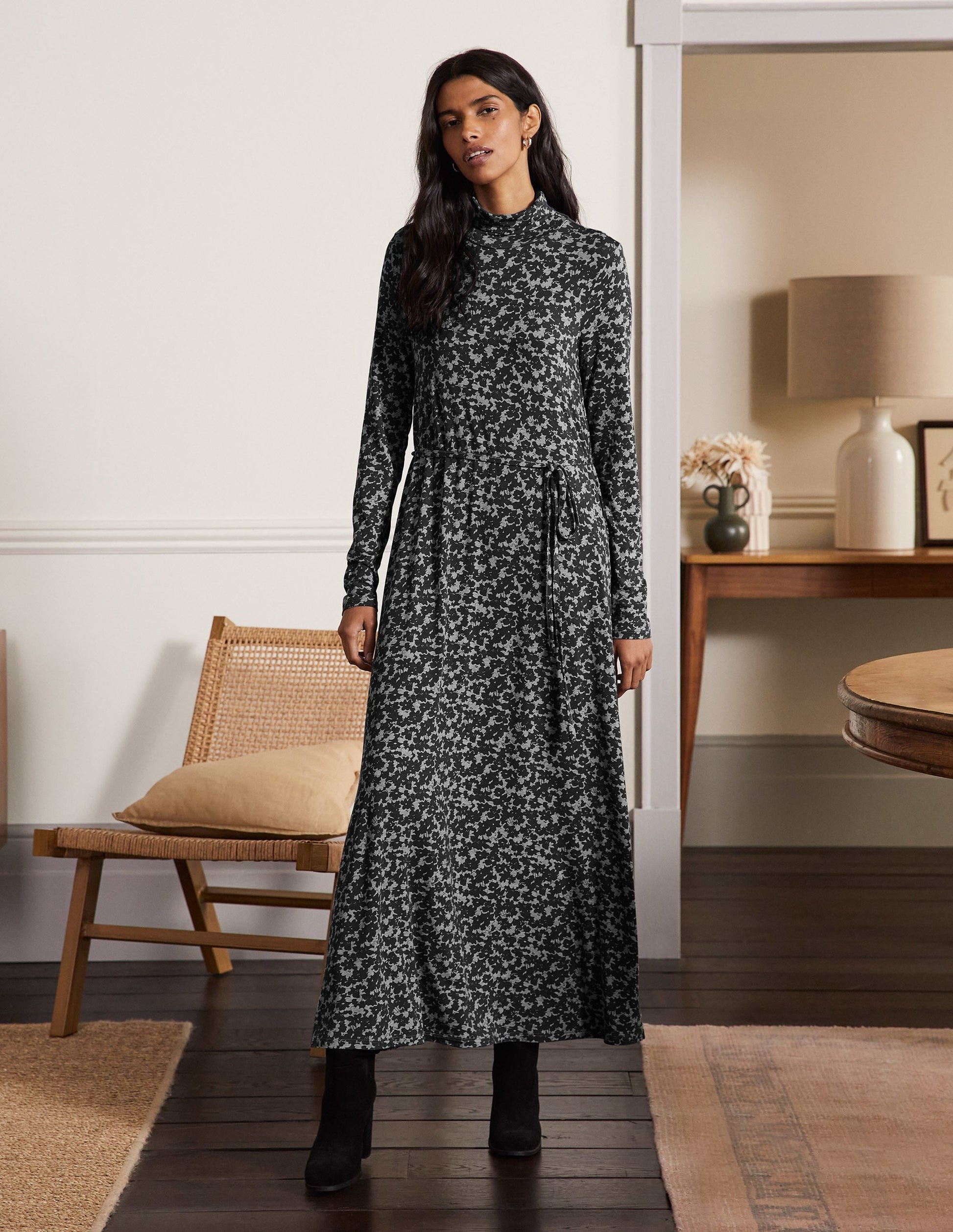 Roll Neck Jersey Midi Dress-Grey Marl, Camo Floral-4