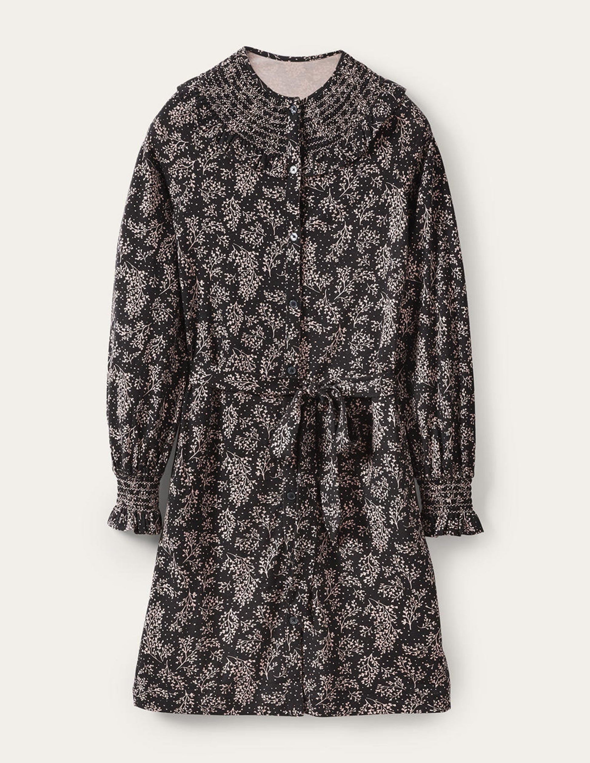 Smocked Detail Jersey Dress-Milkshake, Leafy Sprig-5