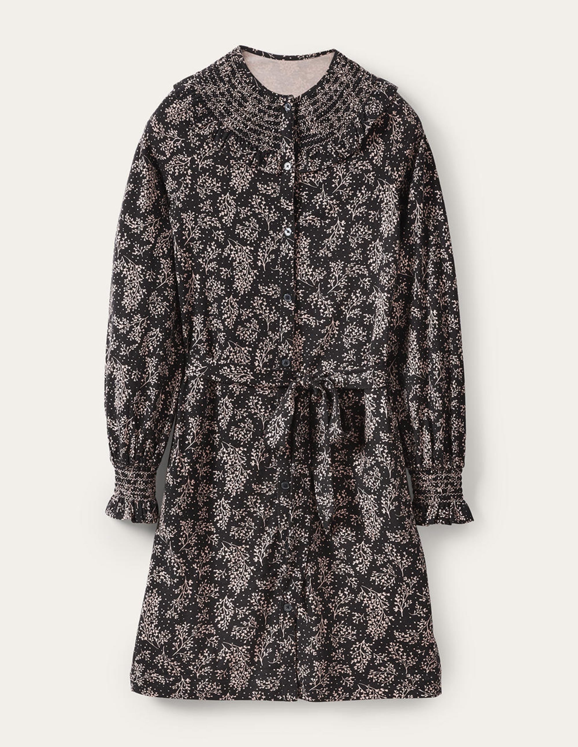 Smocked Detail Jersey Dress-Milkshake, Leafy Sprig - Image 5