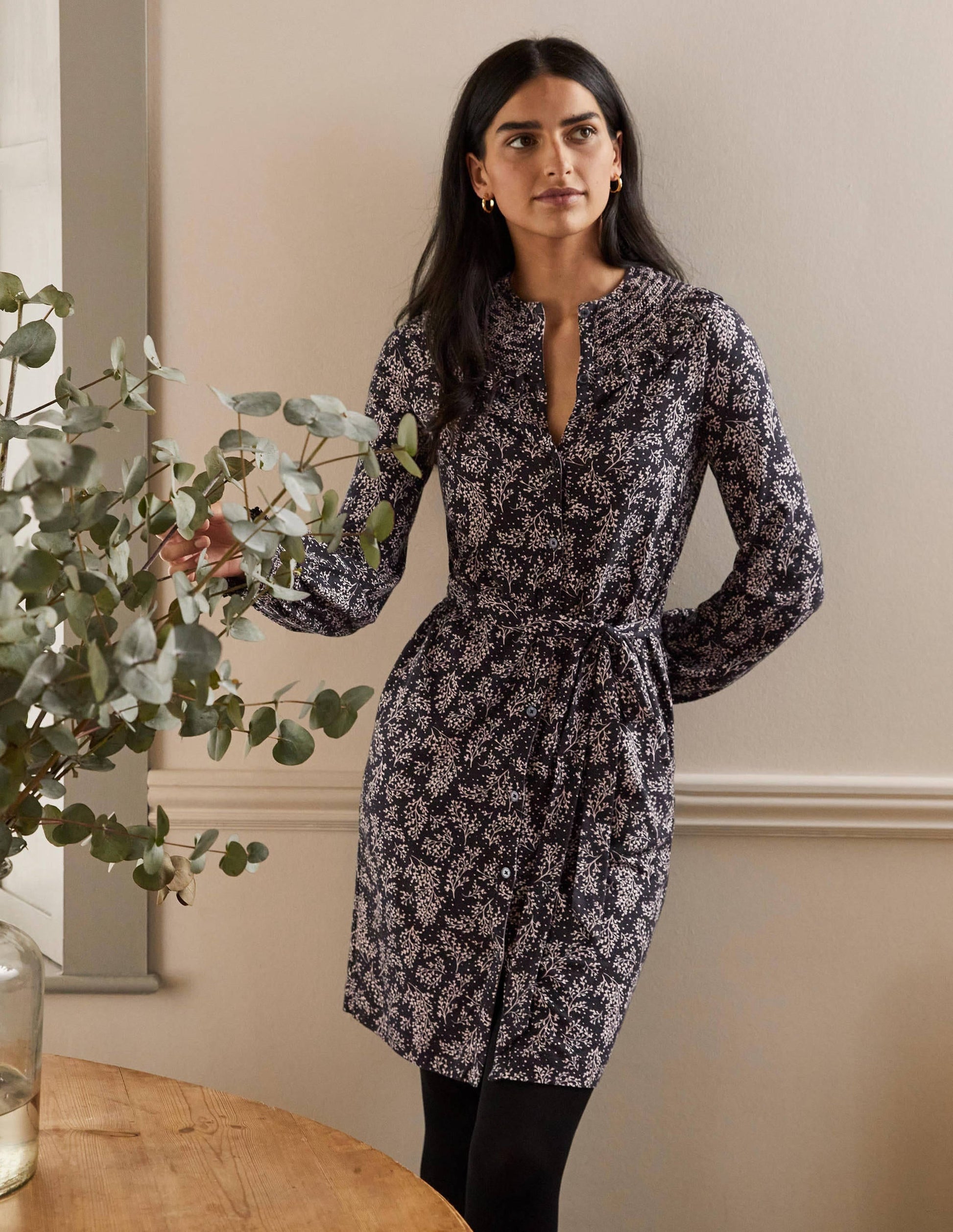 Smocked Detail Jersey Dress-Milkshake, Leafy Sprig-4