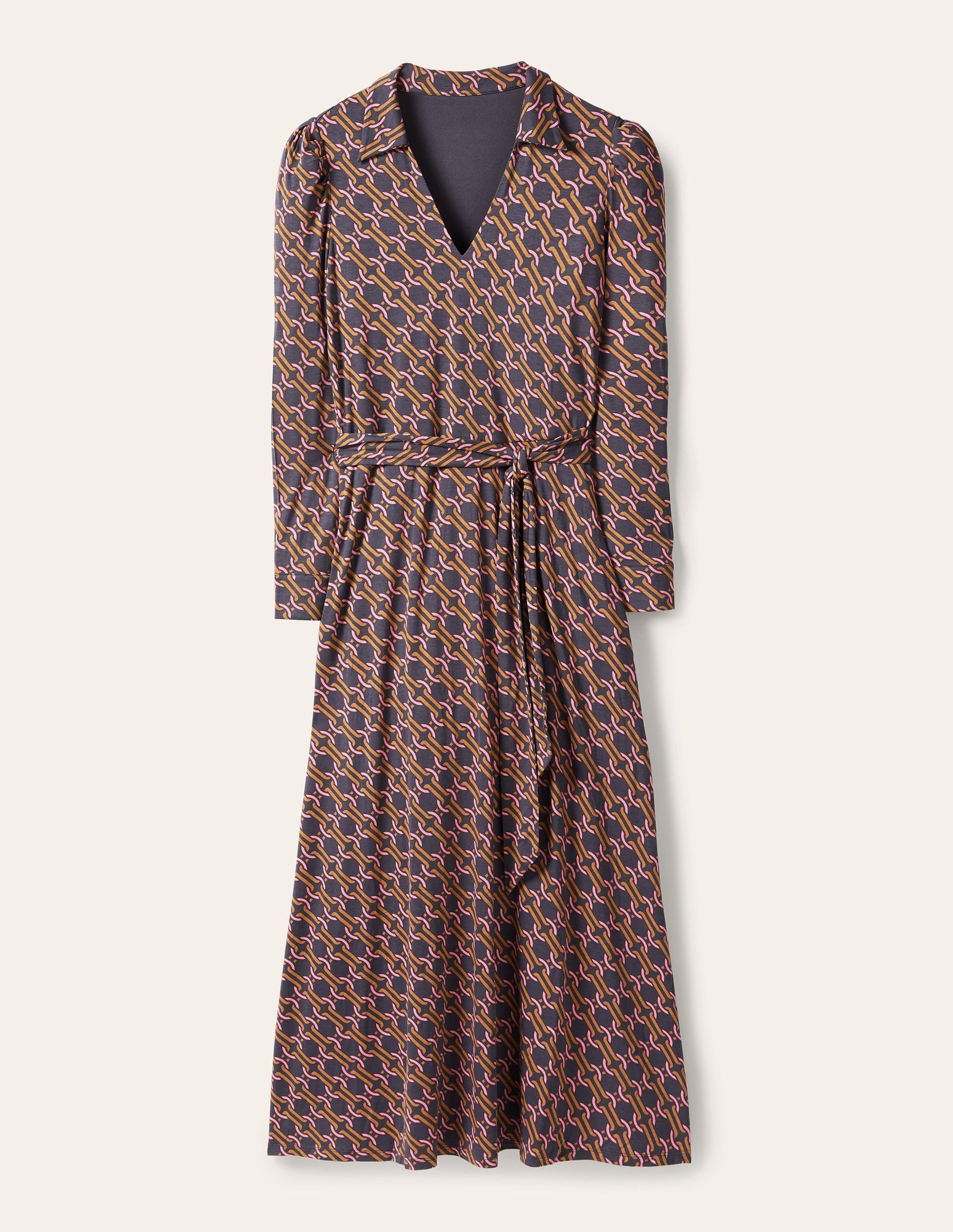 Collar Jersey Midi Dress-Ochre, Chain Geo-5