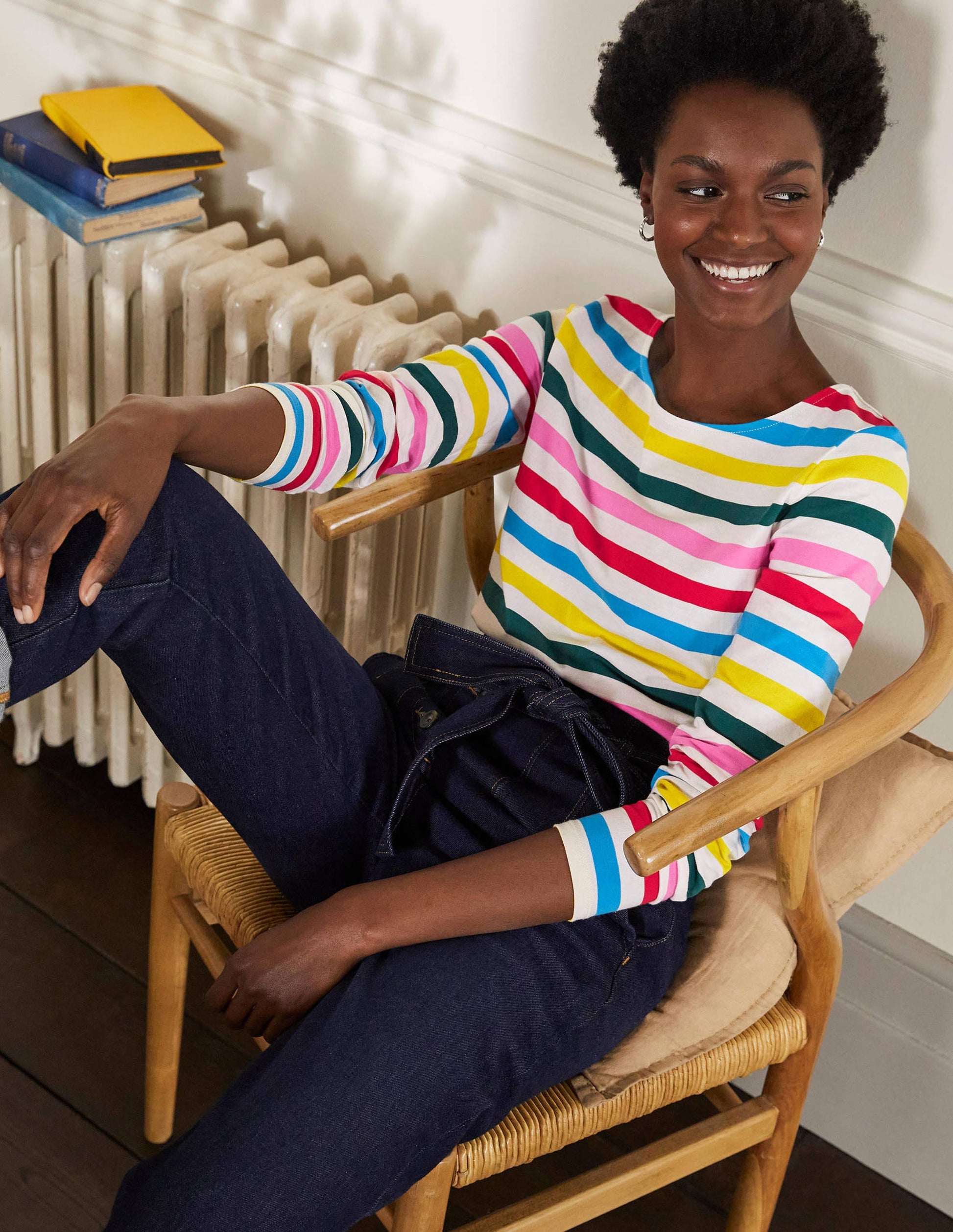 Long Sleeve Breton Top-Deep Forest/ Red Pop Rainbow-1