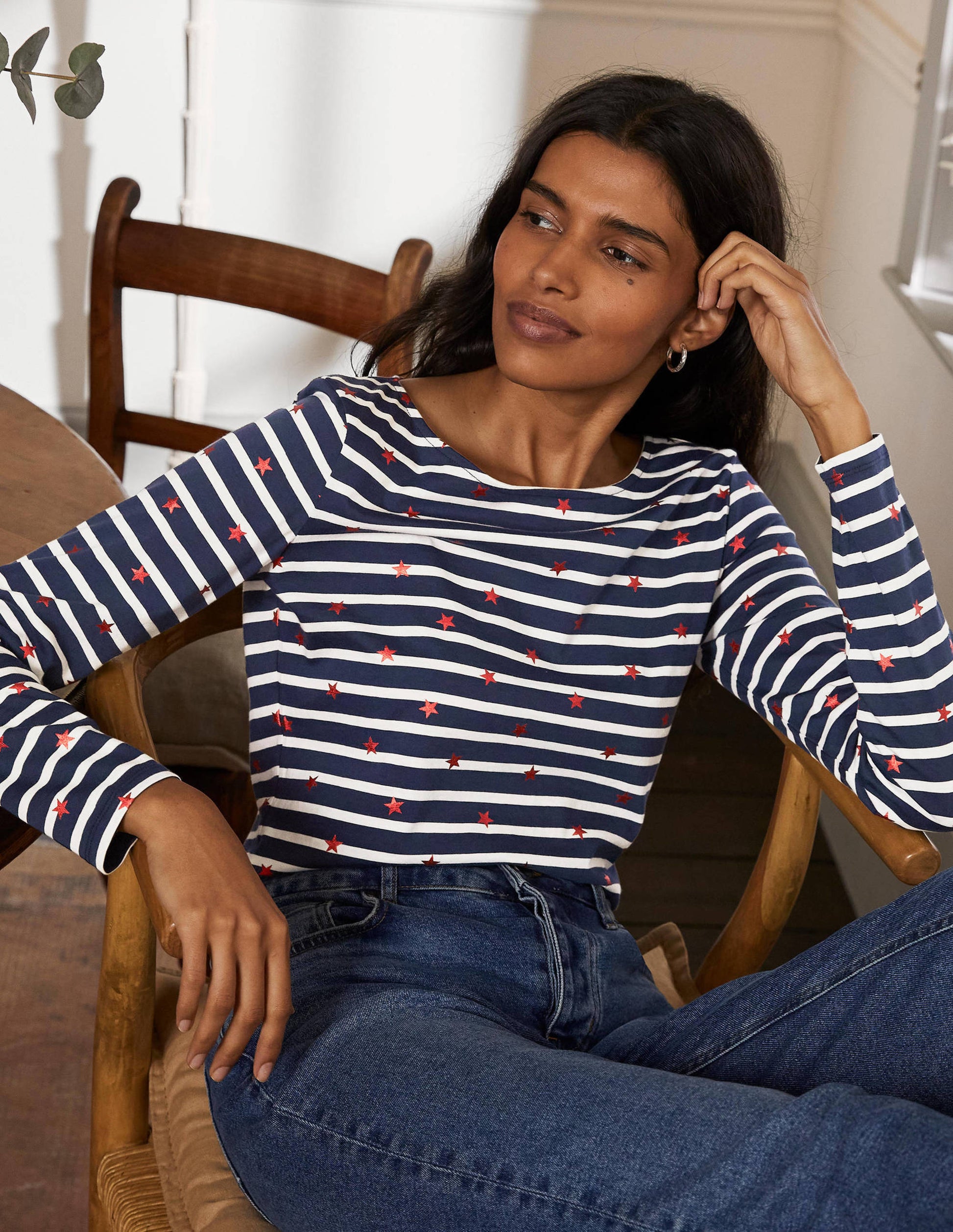 Long Sleeve Breton Top-Navy/ Ivory Red Foil Star-1