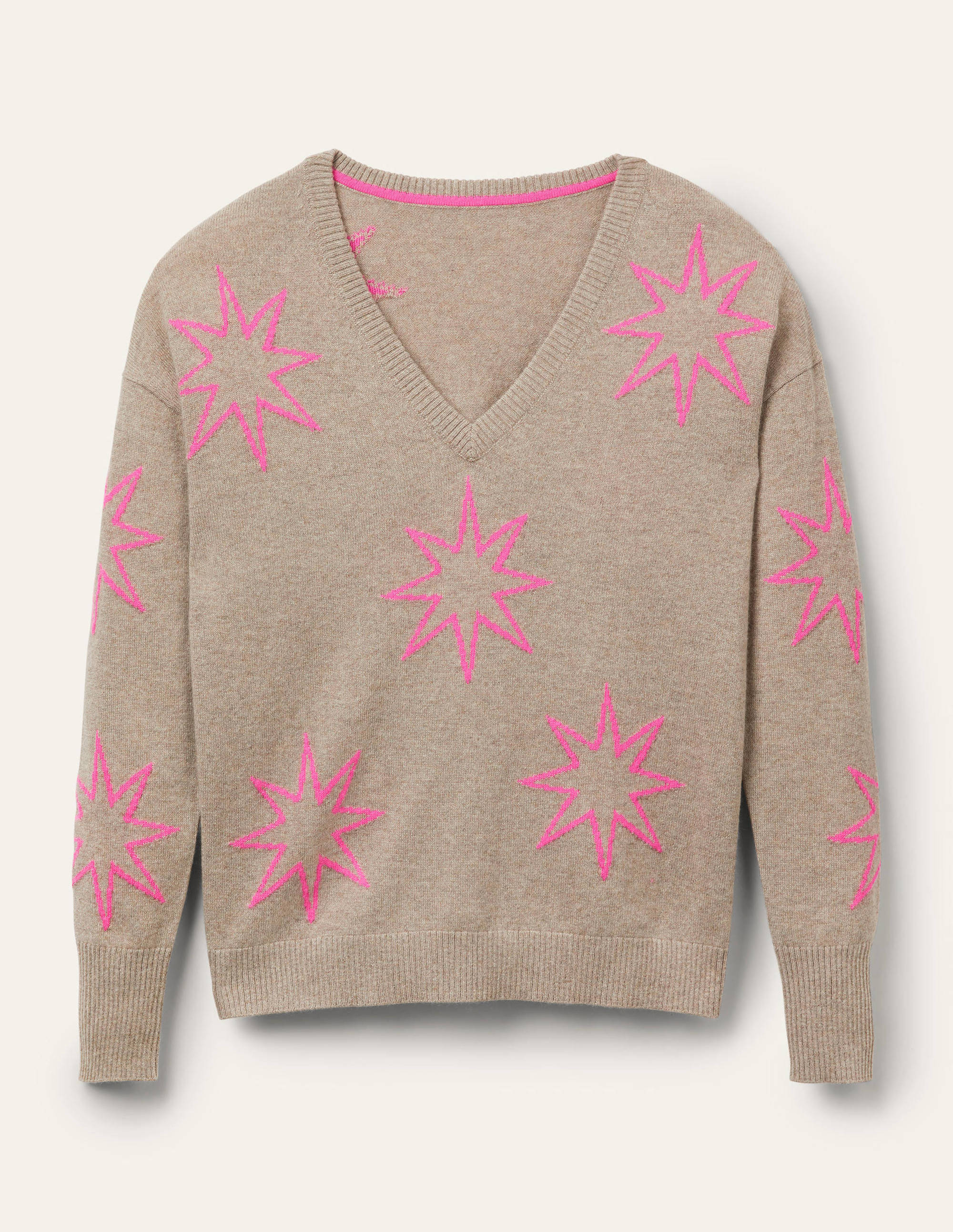 Cashmere V-neck Relaxed Jumper-Mink Melange, Neon Starburst - Image 5