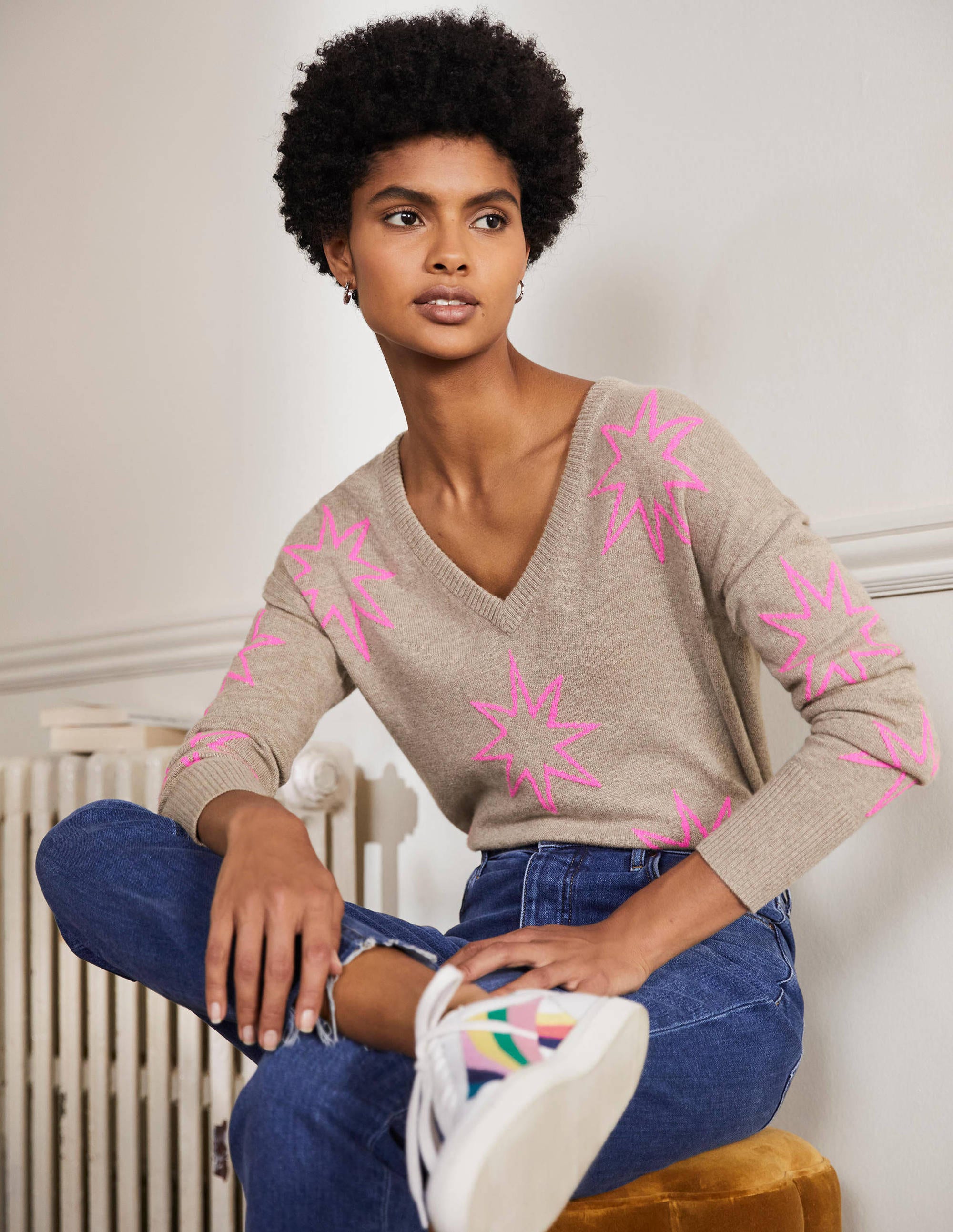 Cashmere V-neck Relaxed Jumper-Mink Melange, Neon Starburst - Image 1