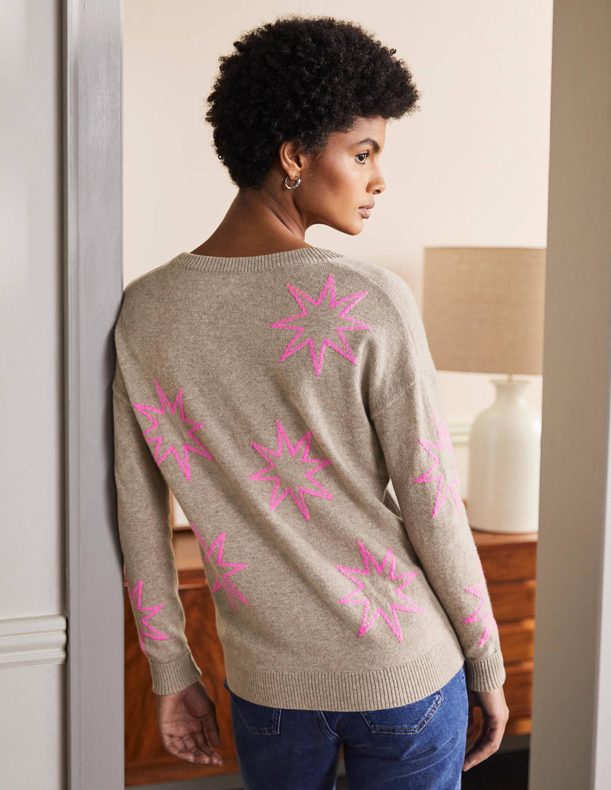 Cashmere V-neck Relaxed Jumper-Mink Melange, Neon Starburst-3