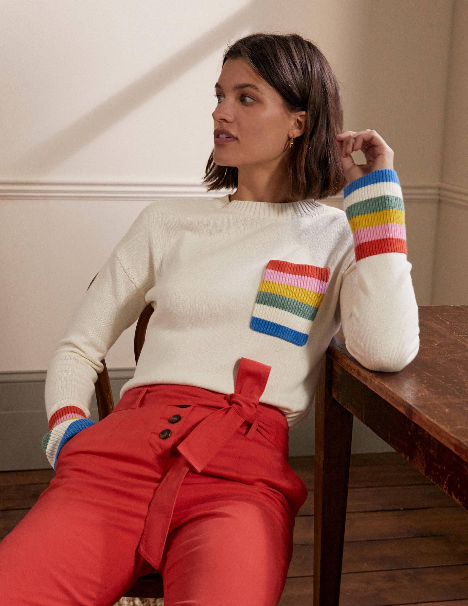 Stripe Pocket Relaxed Jumper-Ivory-1