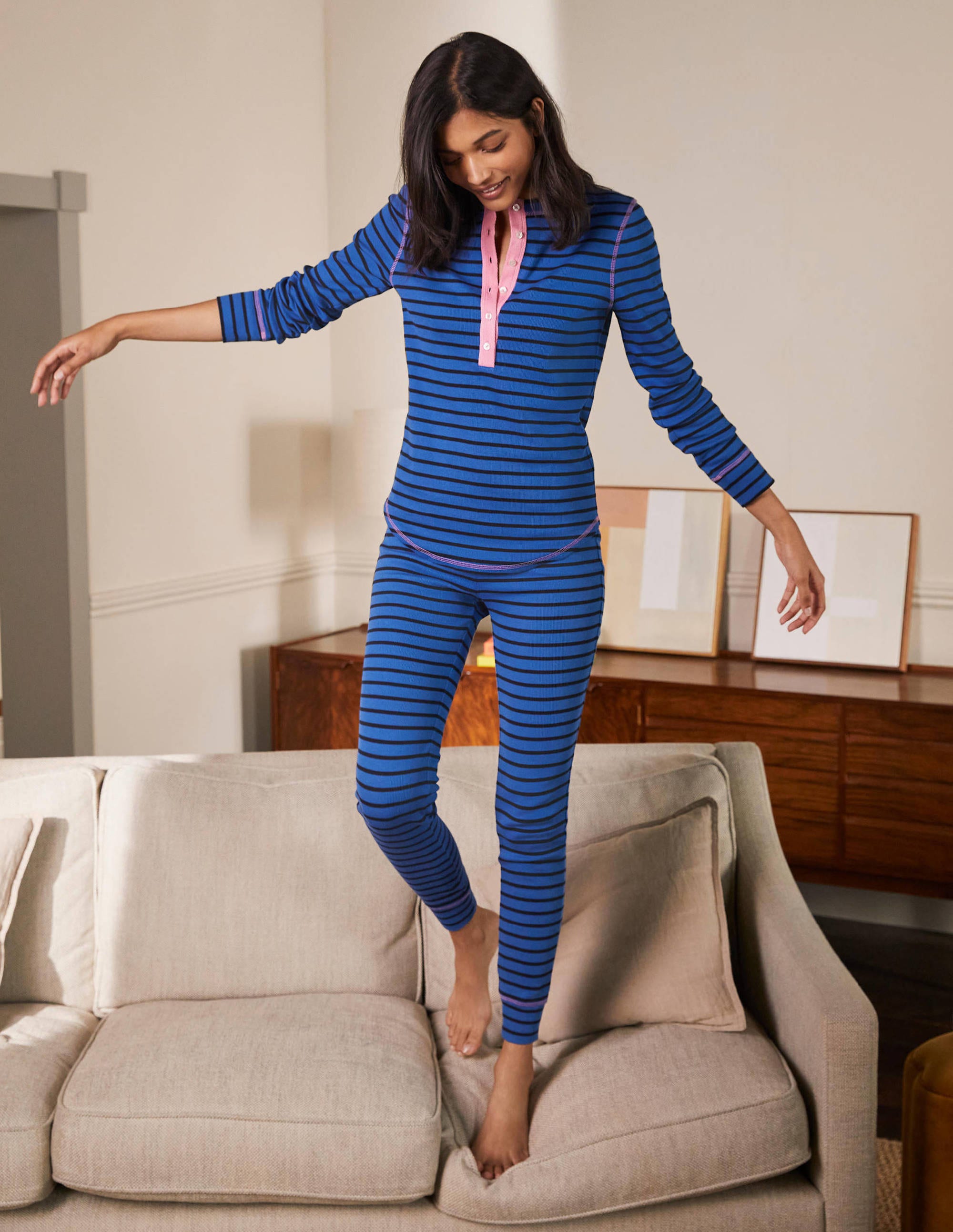 Ribbed Pyjama Leggings-Porcelain Blue and Navy Stripe - Image 4
