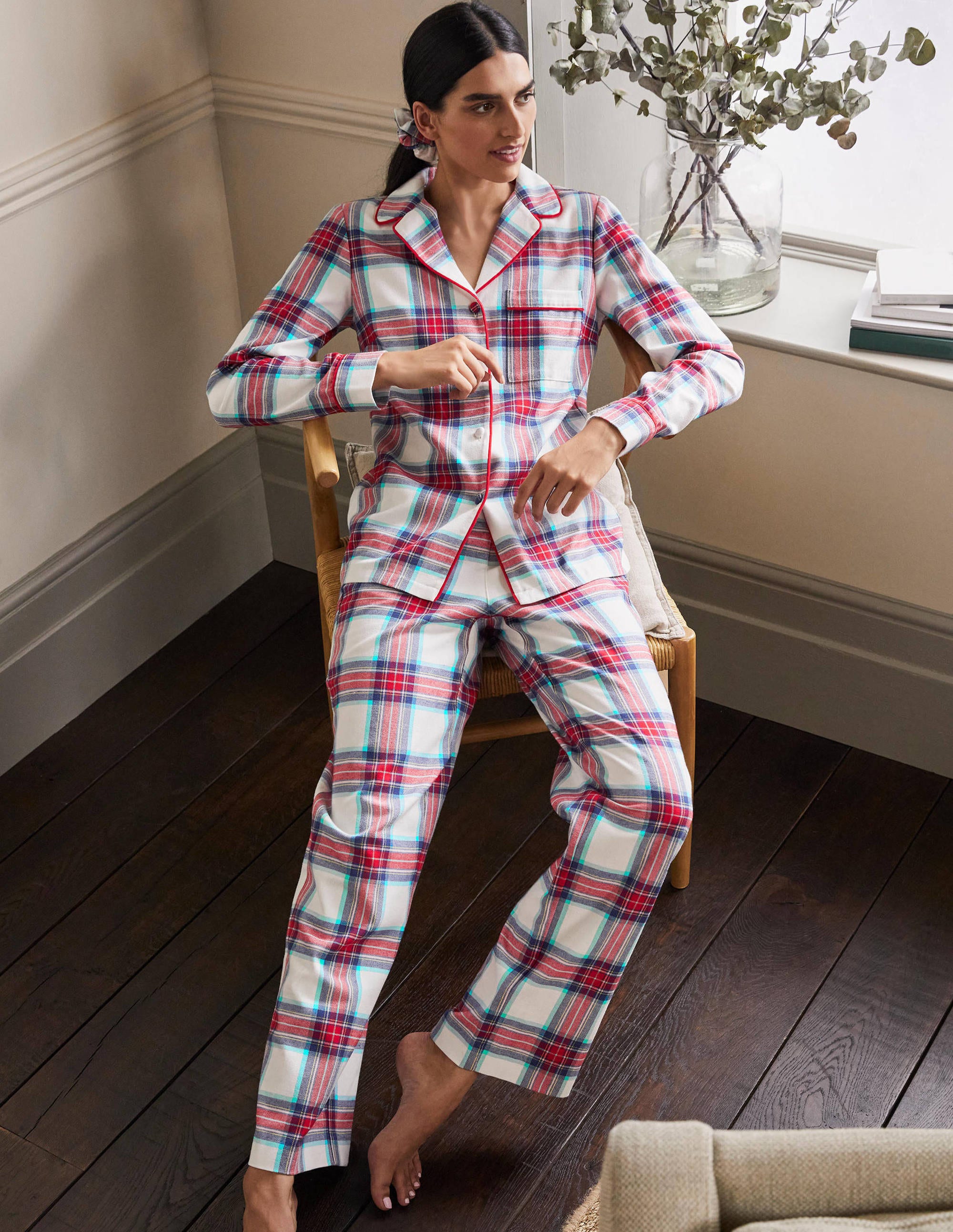 Vanessa Cosy Pyjama Set-Ivory and Rockabilly Red Check - Image 4