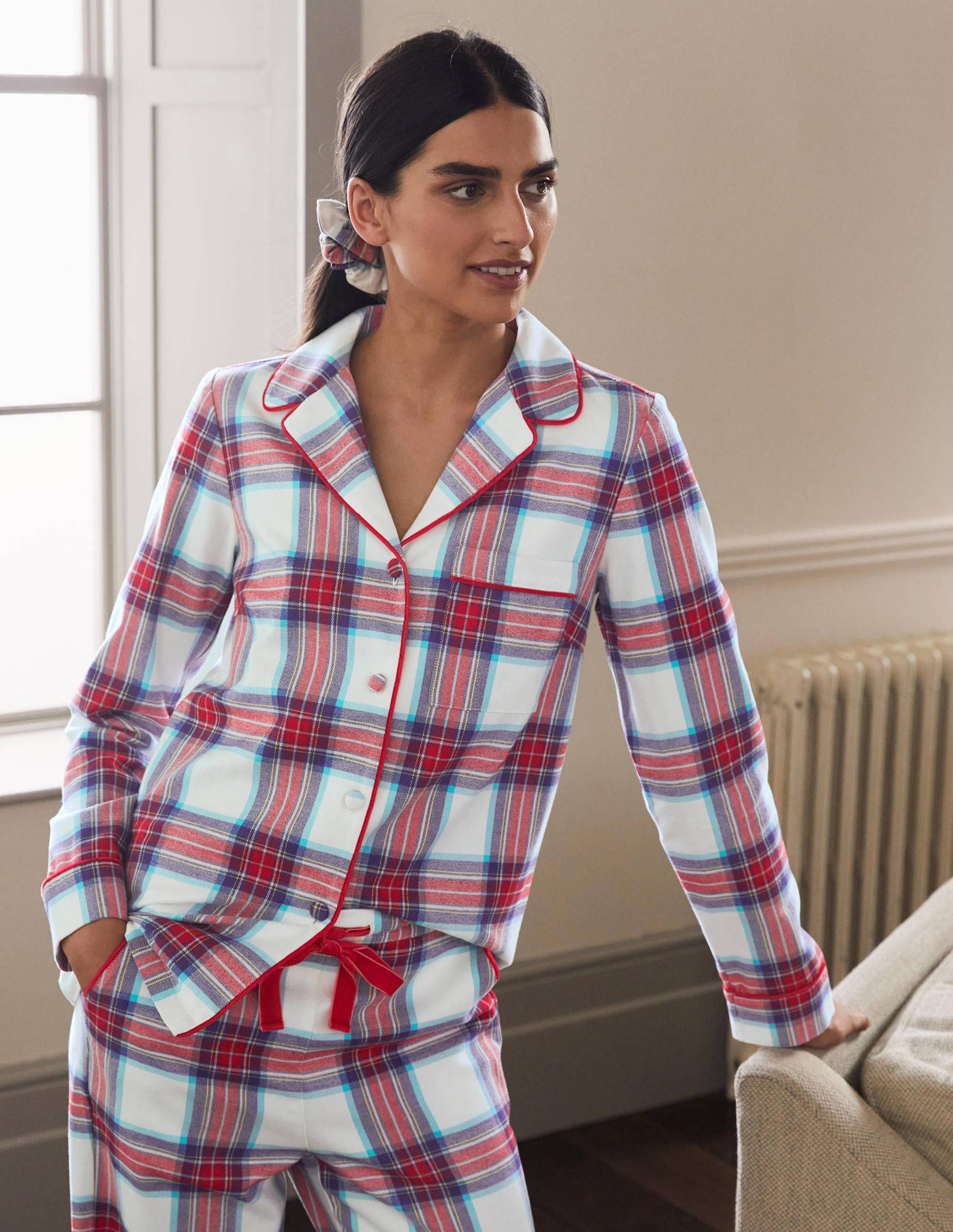 Vanessa Cosy Pyjama Set-Ivory and Rockabilly Red Check-3