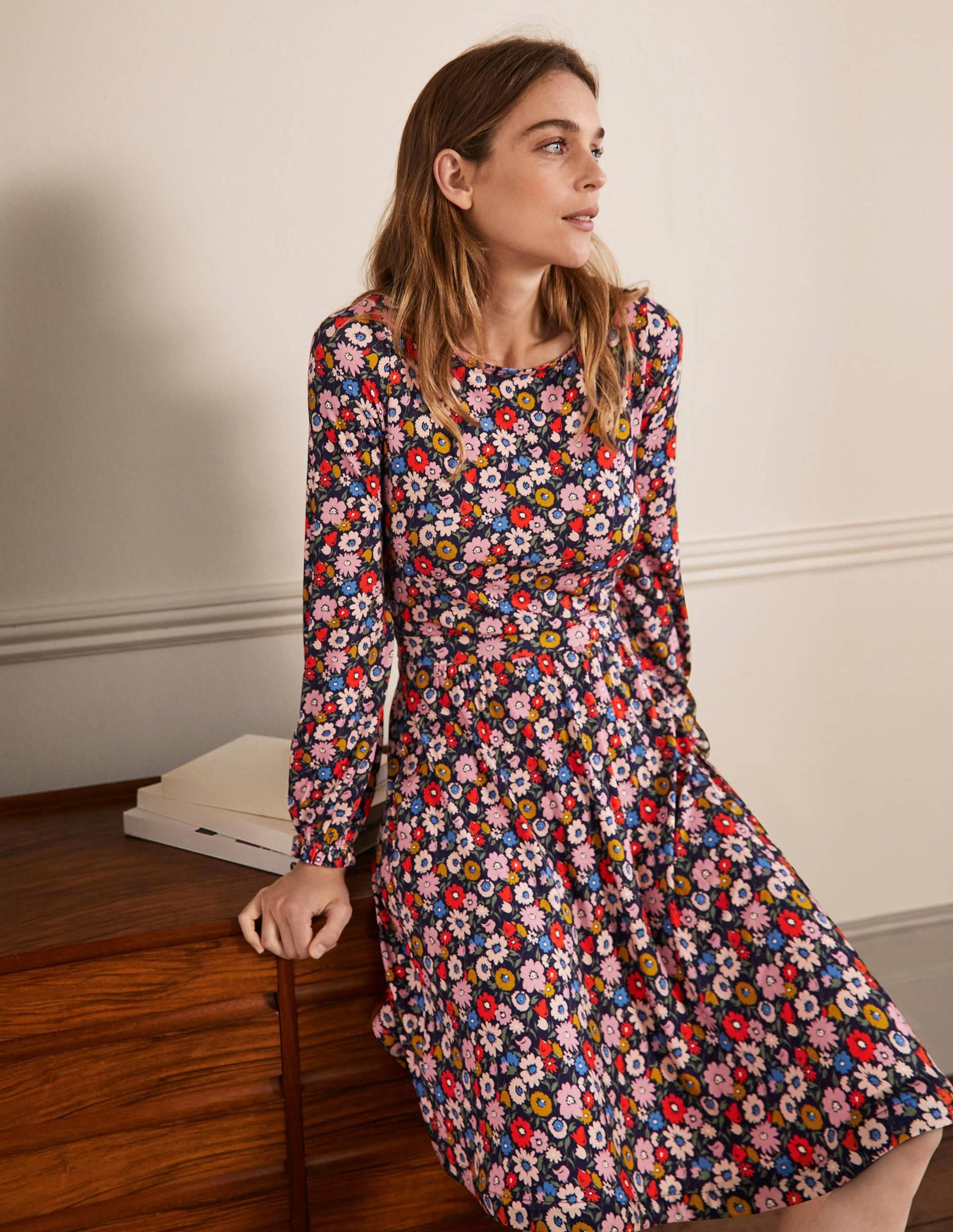 Evelyn Jersey Midi Dress-French Navy, Elegant Bloom-1