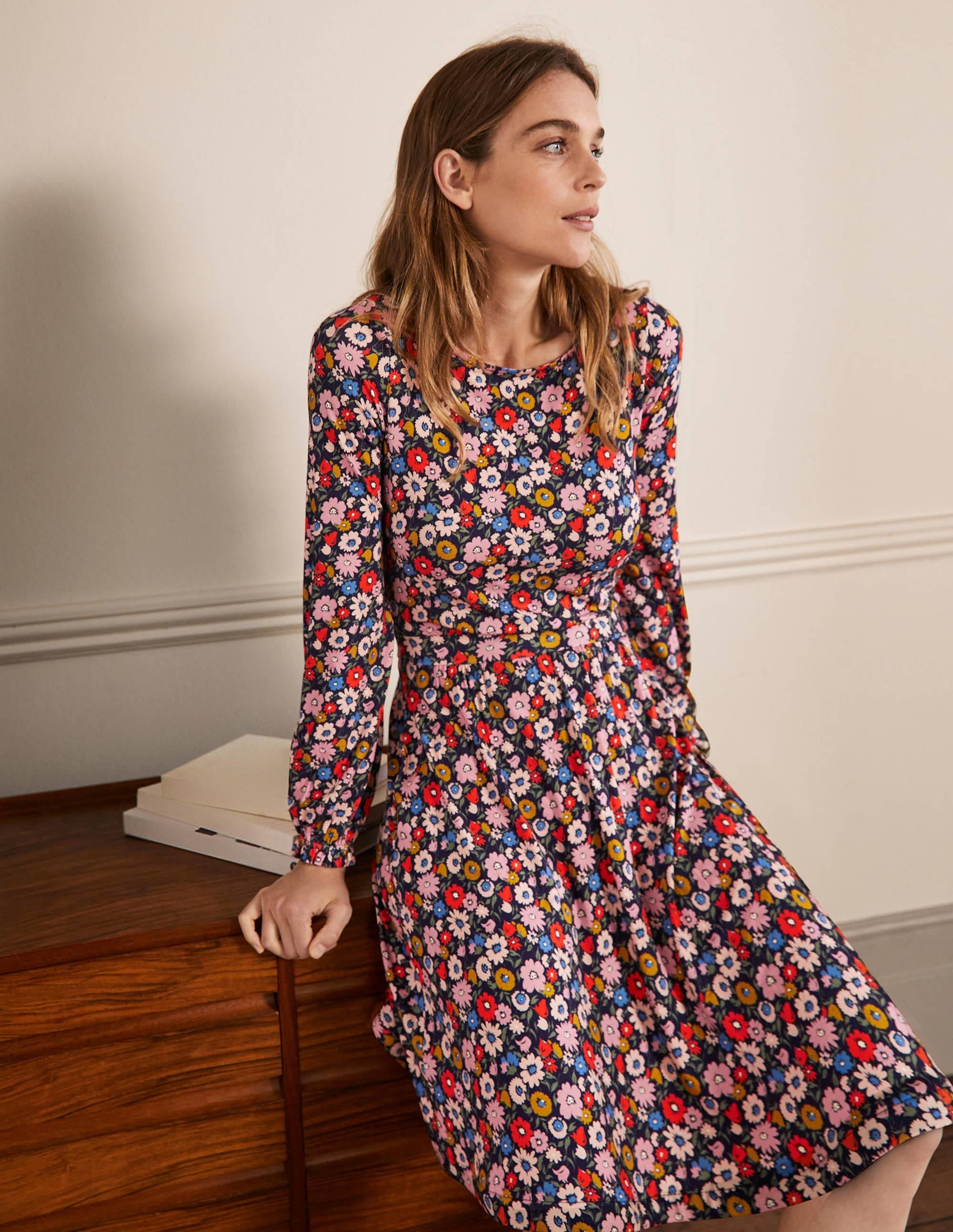 Evelyn Jersey Midi Dress-French Navy, Elegant Bloom - Image 1