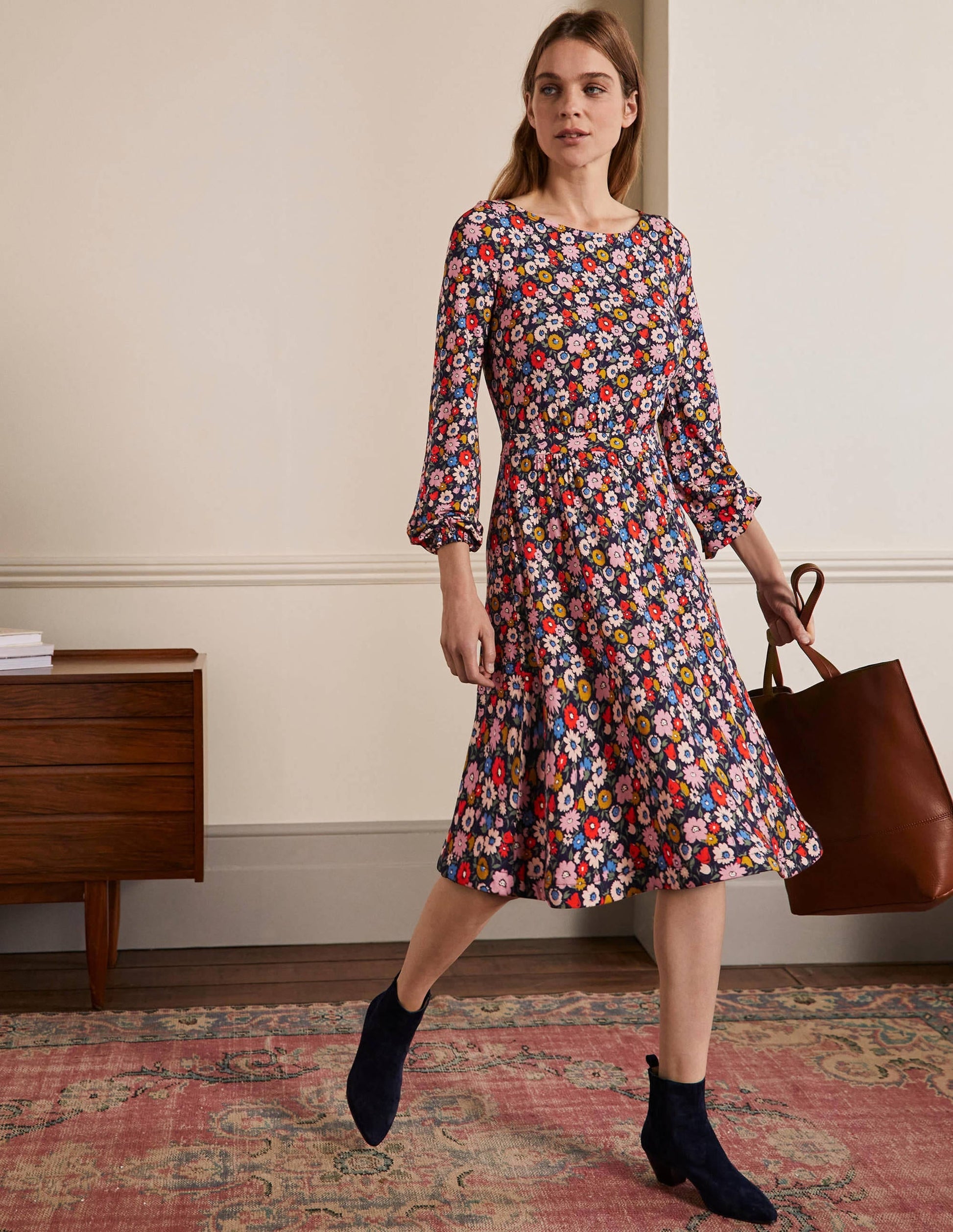 Evelyn Jersey Midi Dress-French Navy, Elegant Bloom-4