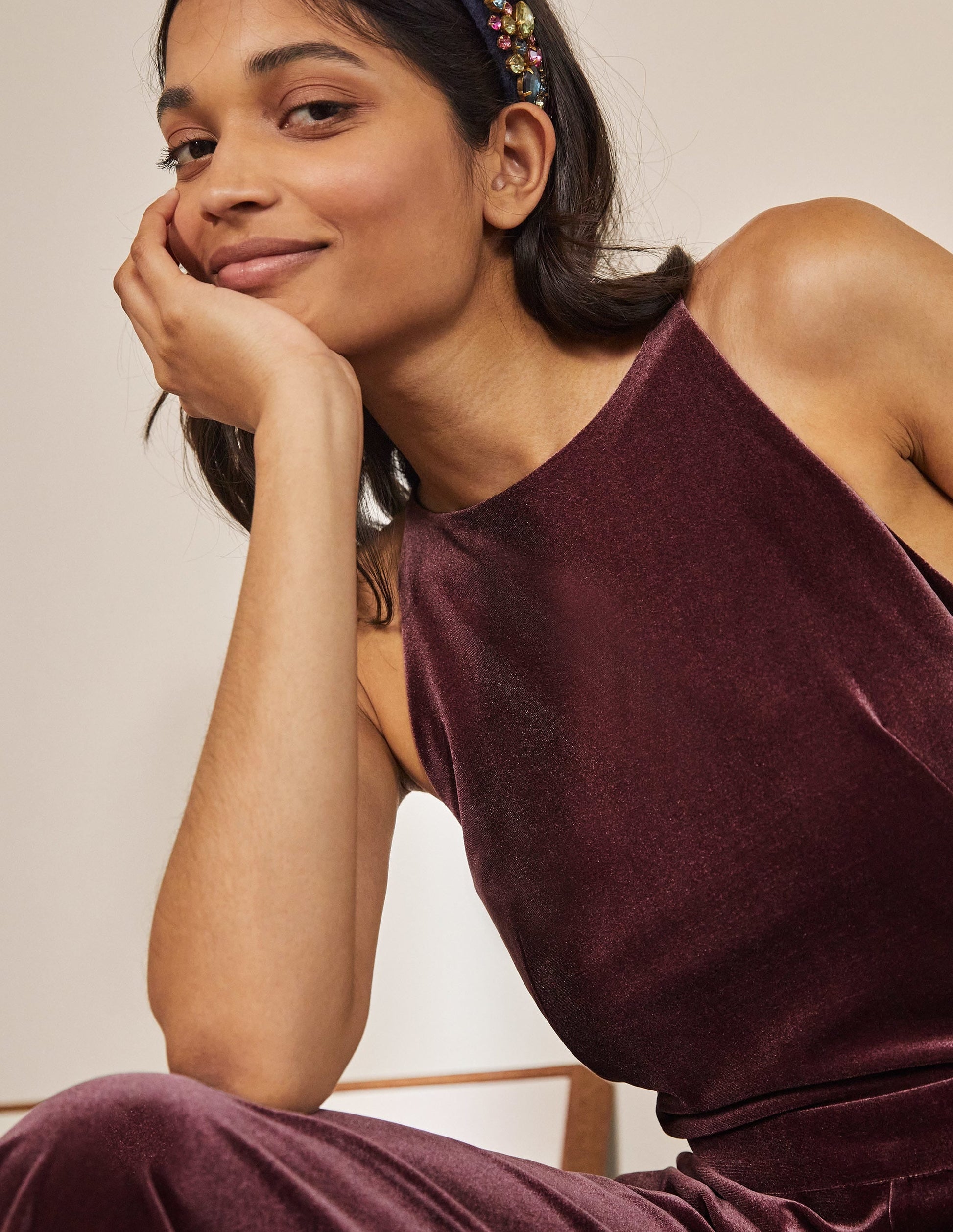 Halterneck Velvet Jumpsuit-Deep Wisteria-2
