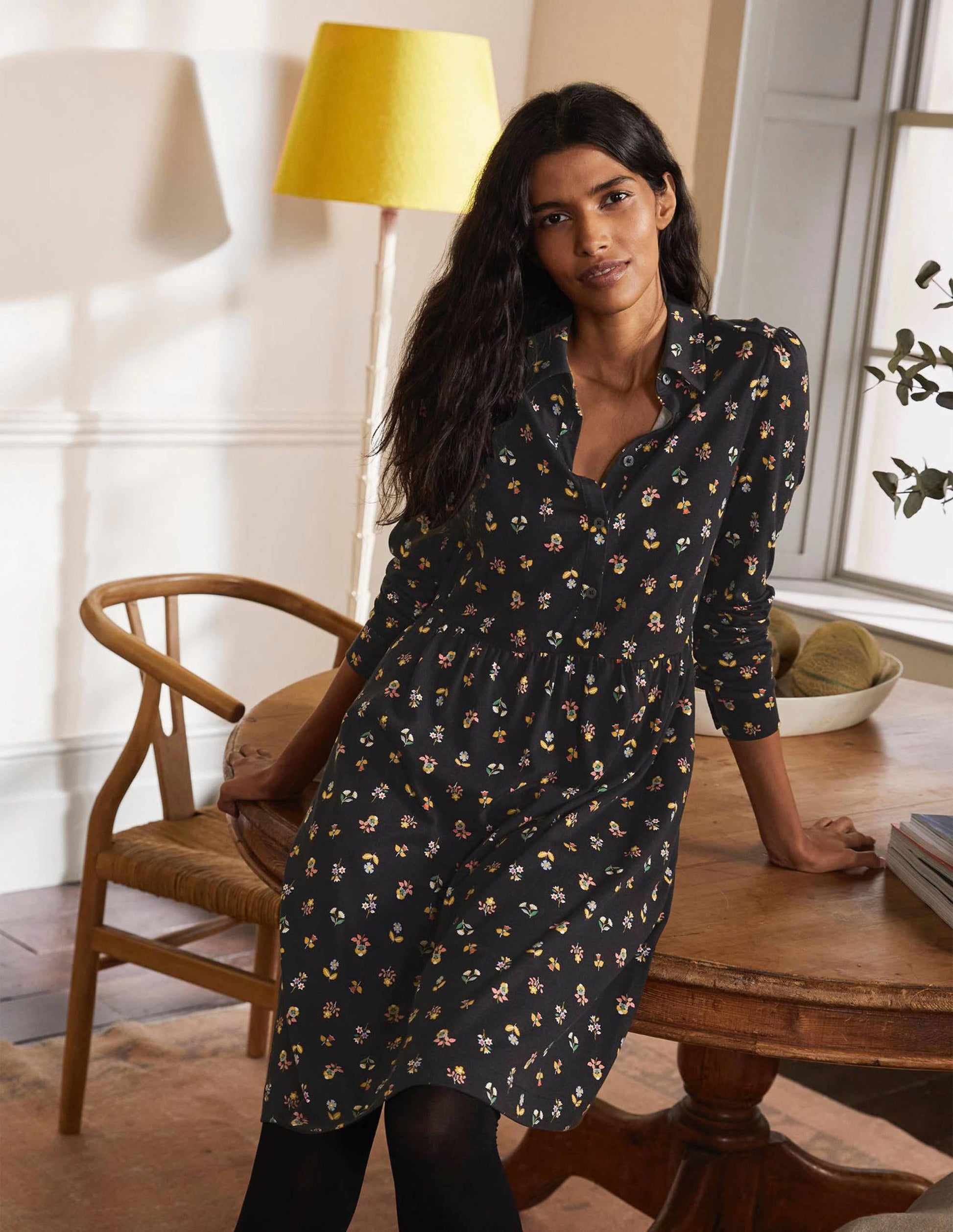 Alma Jersey Shirt Dress-Black, Dainty Floral-1