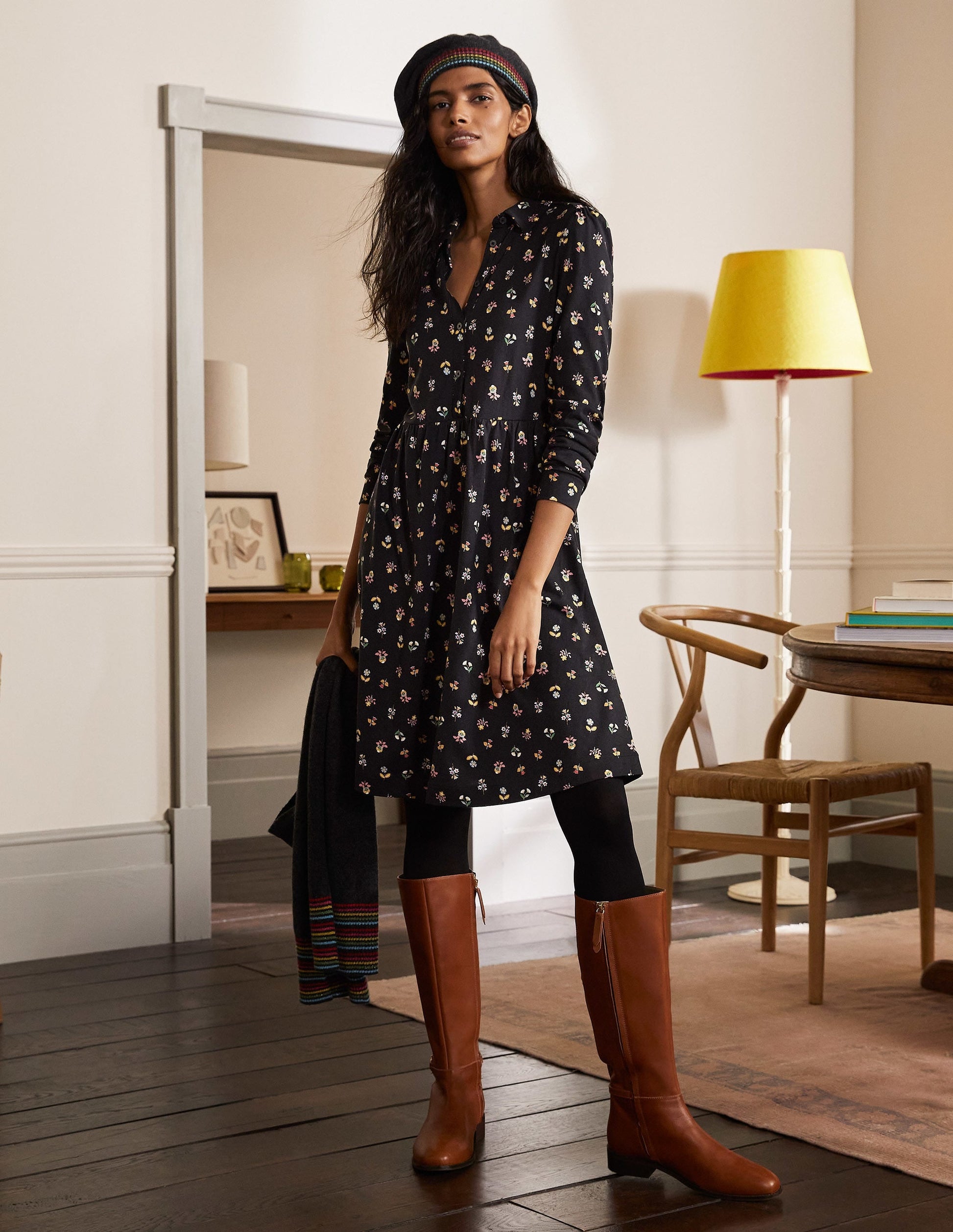 Alma Jersey Shirt Dress-Black, Dainty Floral-4