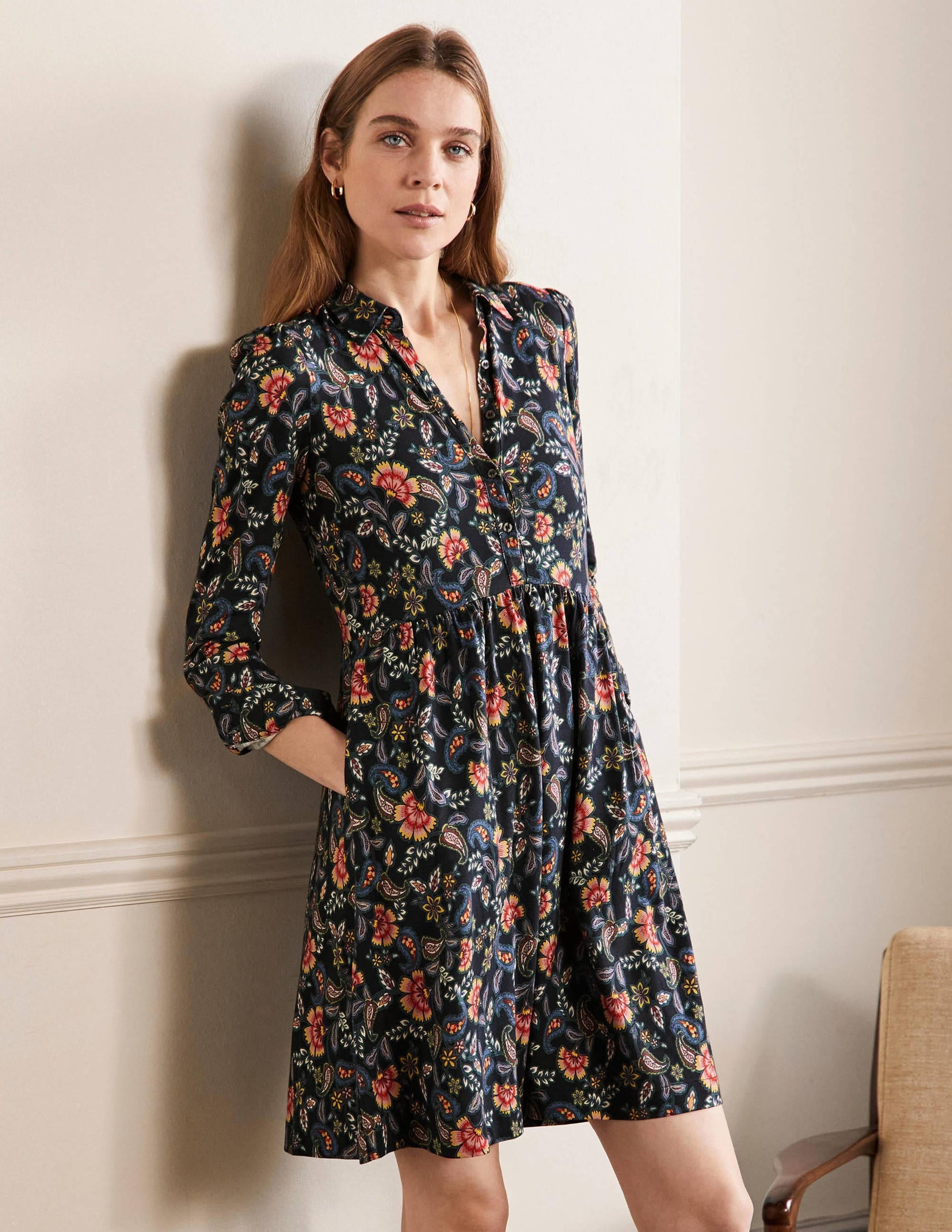 Alma Jersey Shirt Dress-Black, Exotic Floral-5