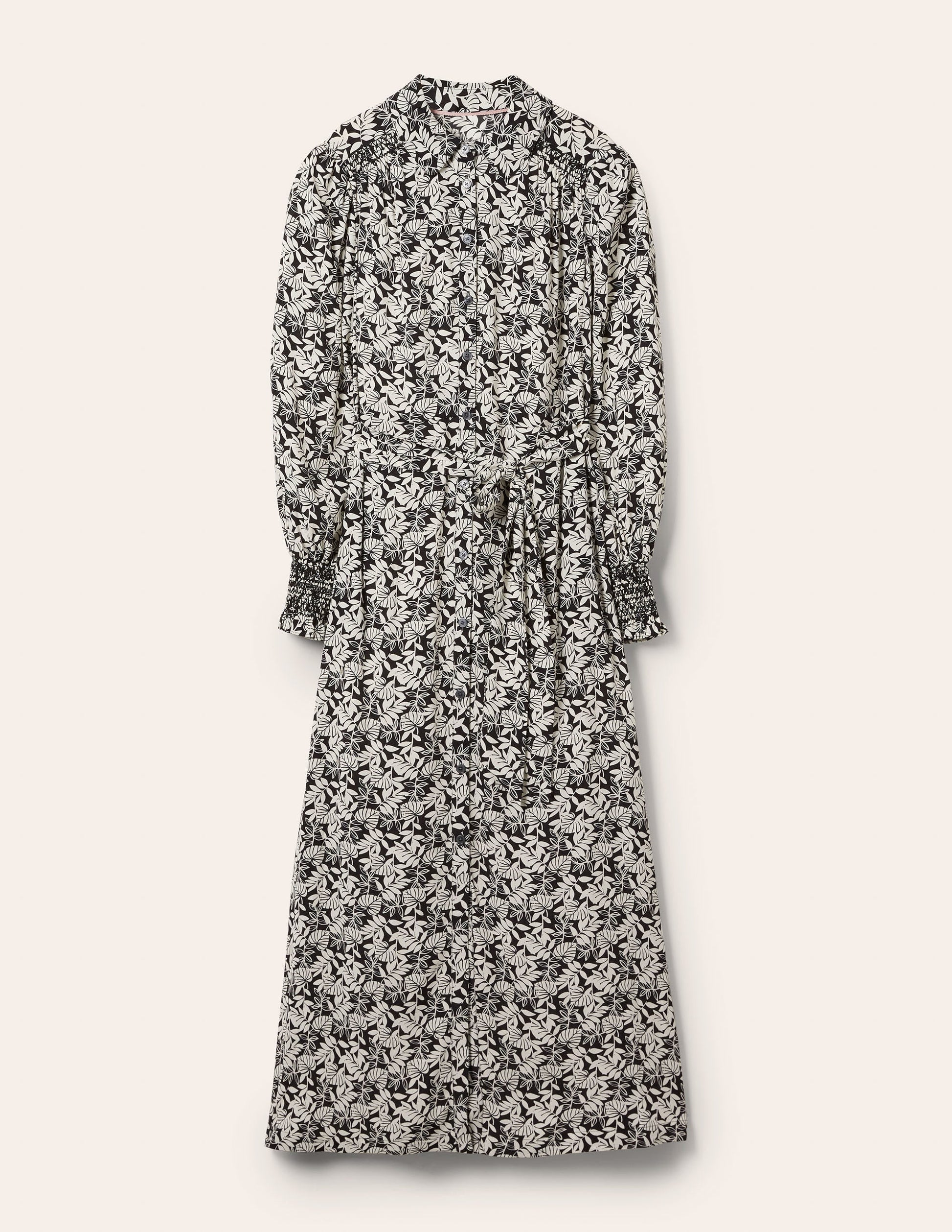 Smocking Detail Shirt Dress-Black, Tropic Palm-5