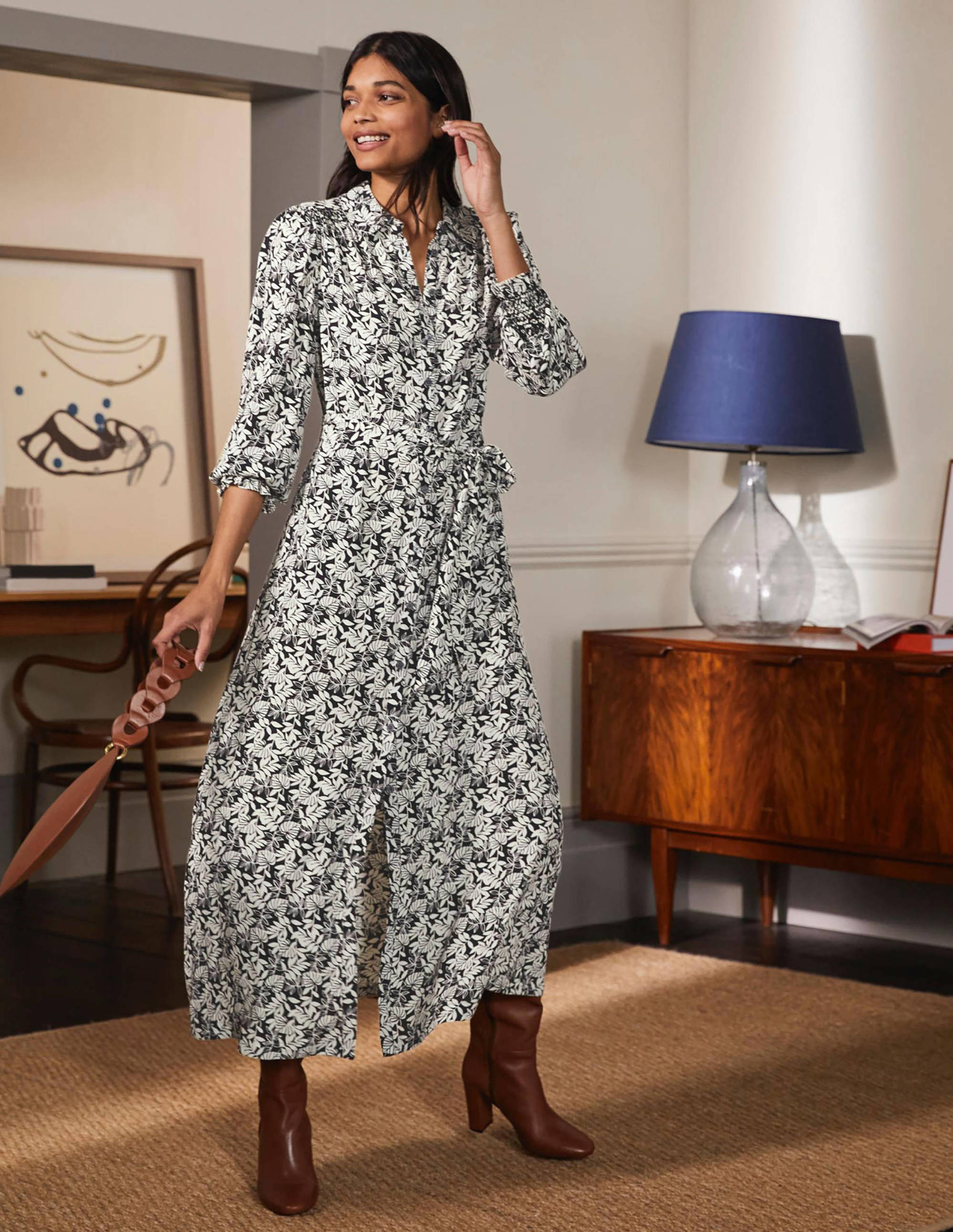 Smocking Detail Shirt Dress-Black, Tropic Palm - Image 1