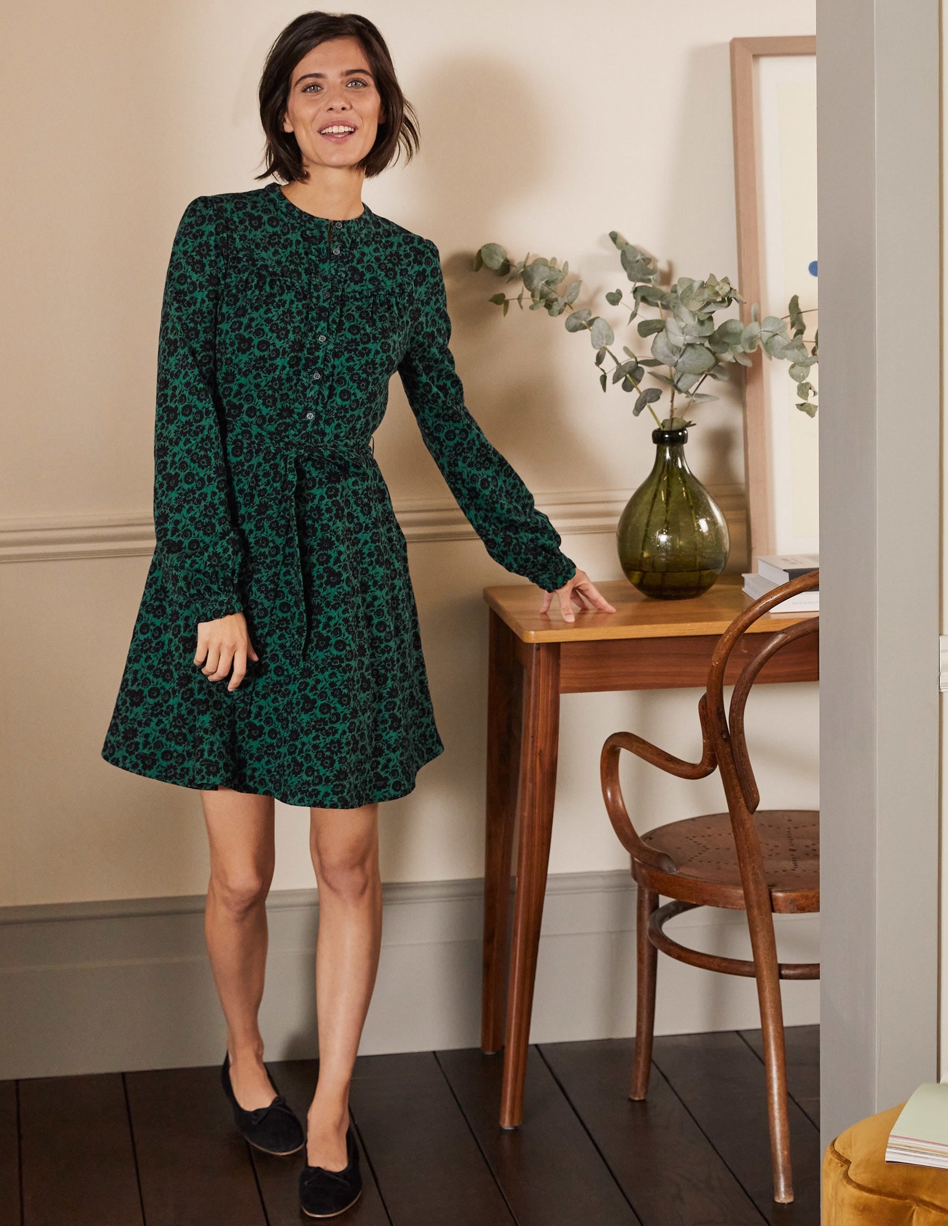 Ruffle Button Mini Dress-Deep Forest, Elegant Bloom-1